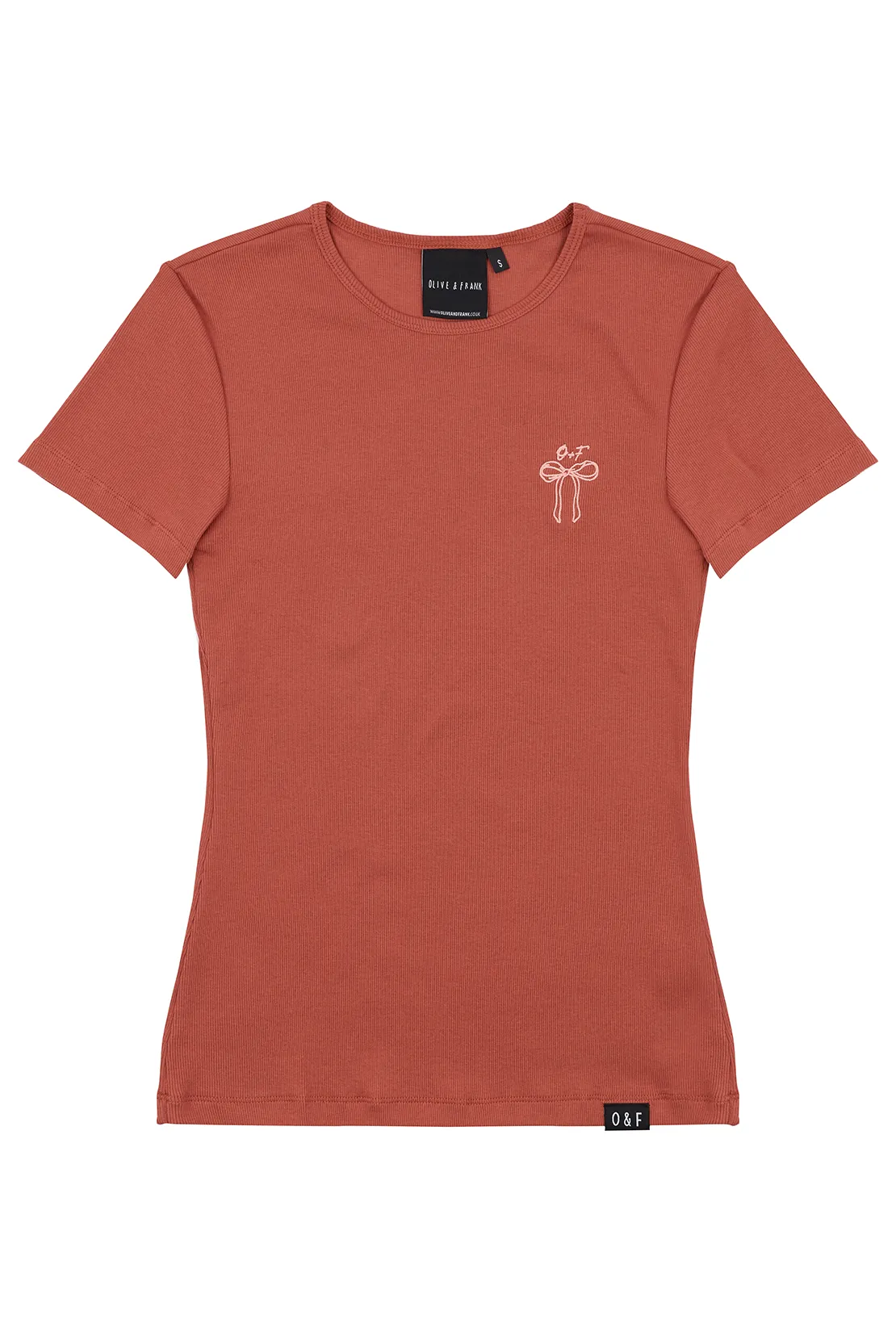 Bold Statement O&F Bow Embroidered Rib Tee - Rust