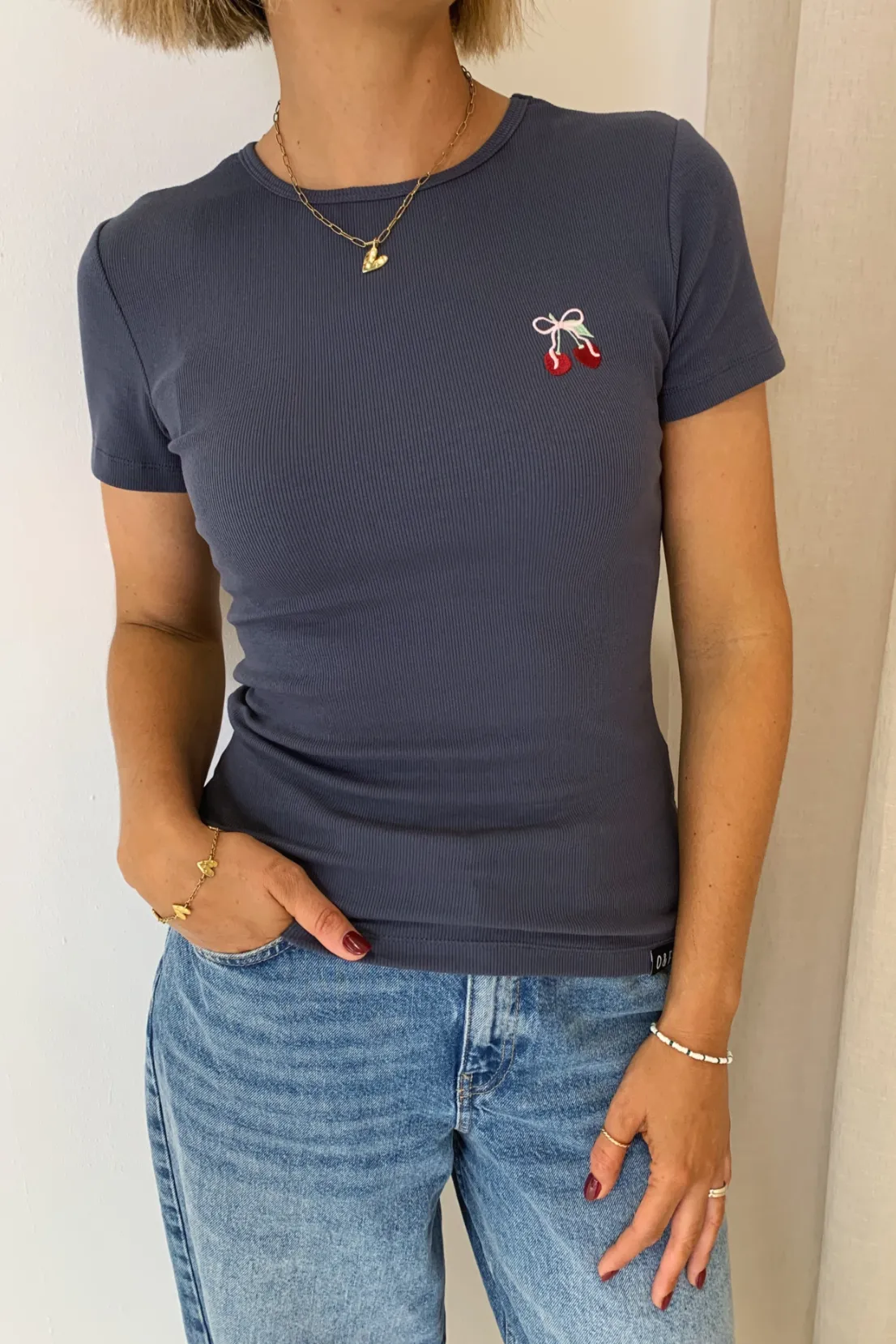 Job Interview Formal Occasion O&F Cherry Embroidered Rib Tee - Navy