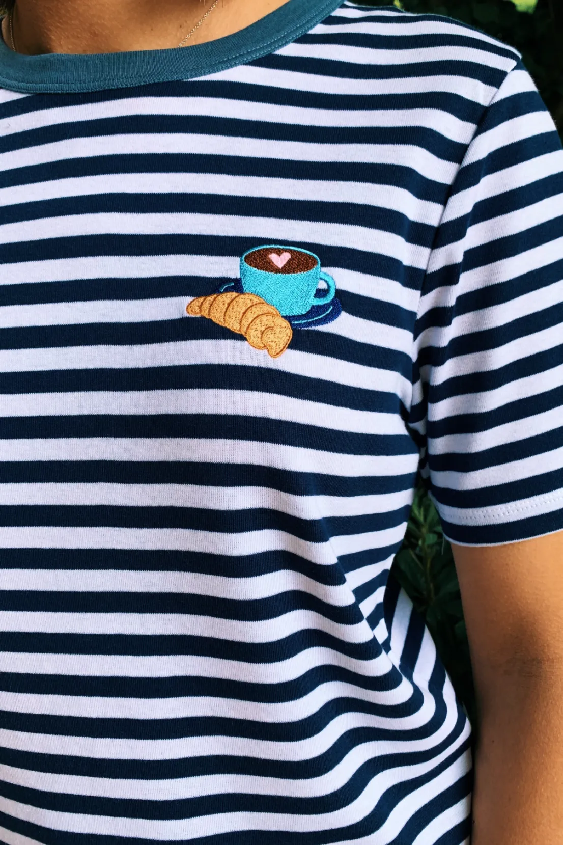 Casual Day Wear Outdoor Style Trend O&F Coffee and Croissant Short Sleeve Breton Tee