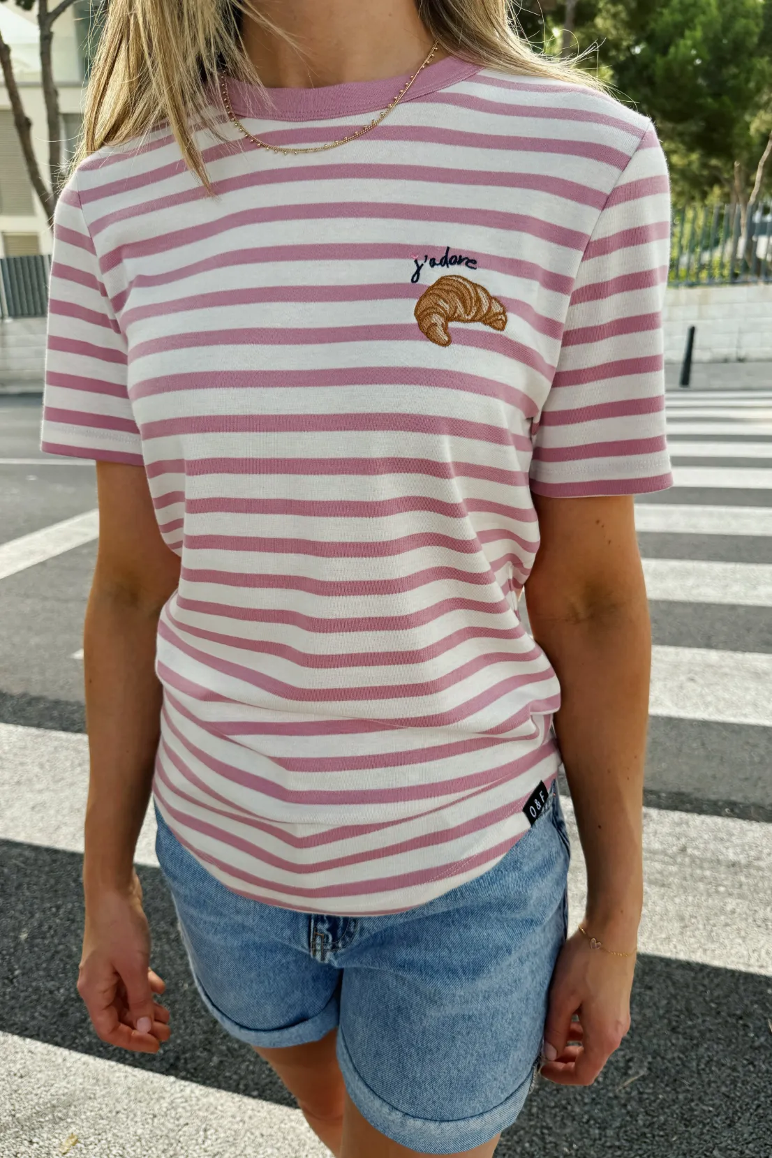 O&F J'adore Croissant Short Sleeve Breton Tee Casual Layer Look Cozy Design