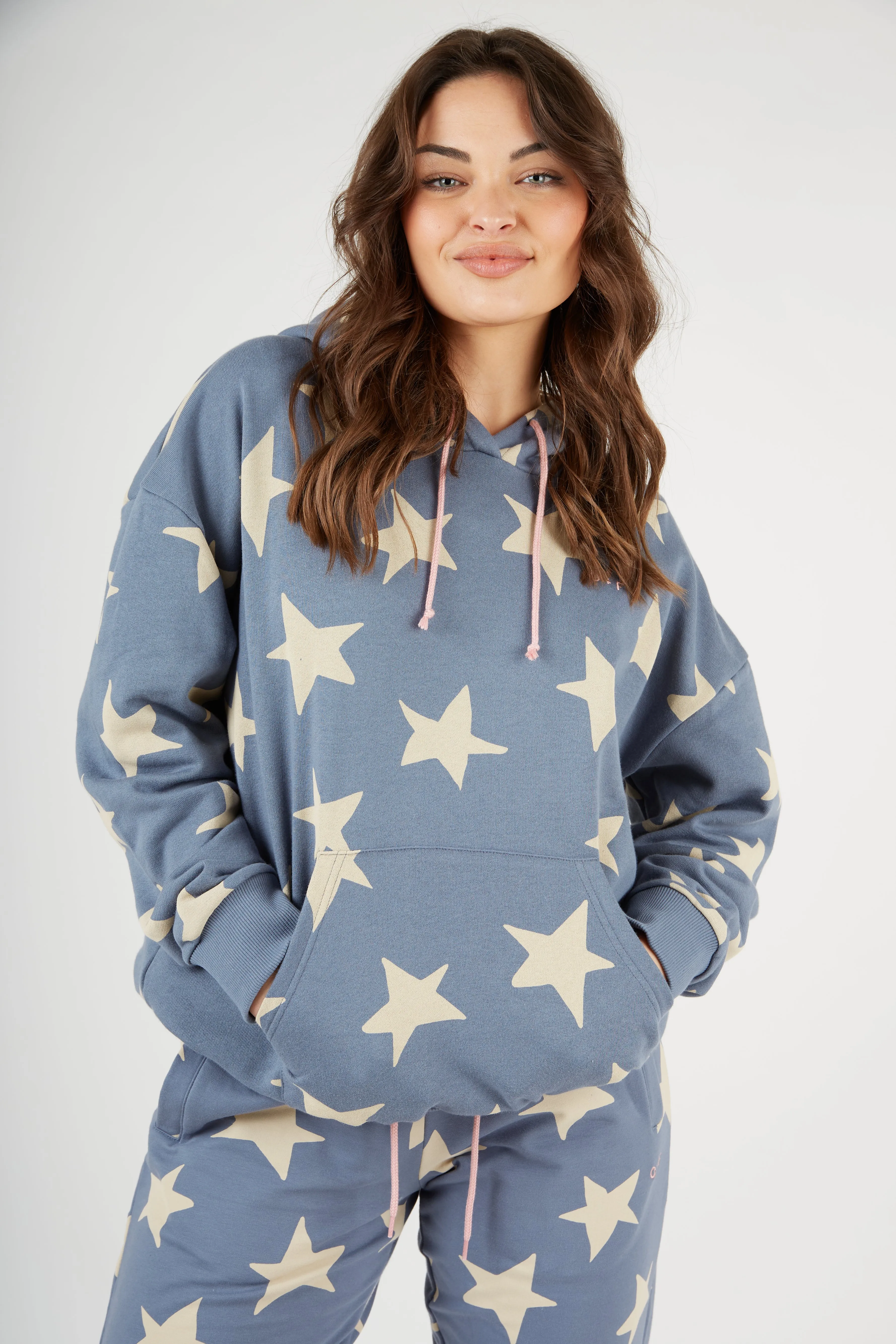 O&F Star Print Oversized Hoodie buckle accents Street Cool