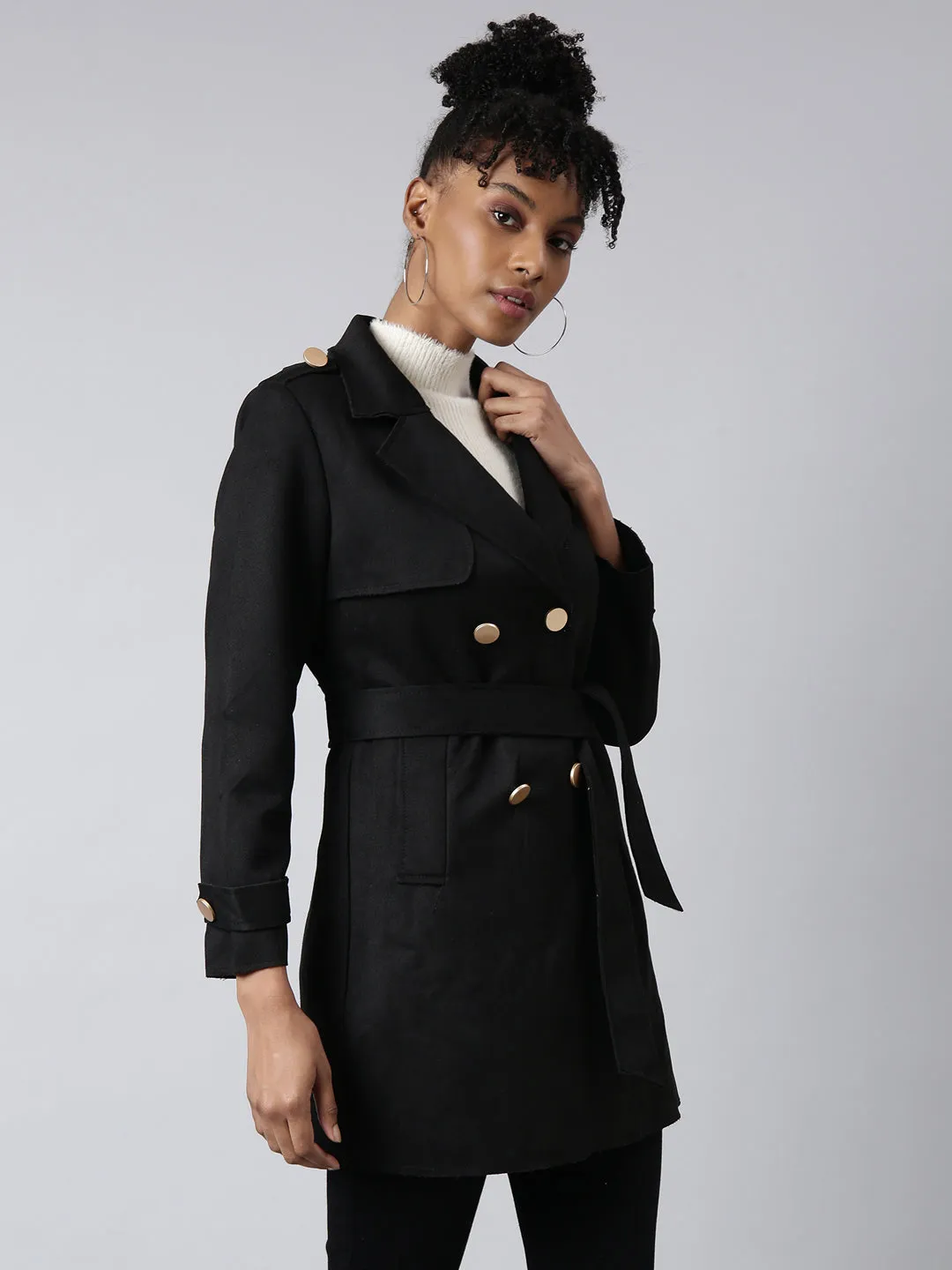 Elastic cuffs Women's Solid Longline Black Trench Coat