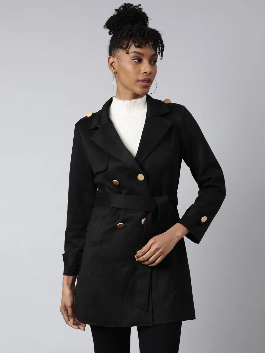 Versatile Styling Lightweight Warmth Core Women's Solid Longline Black Trench Coat