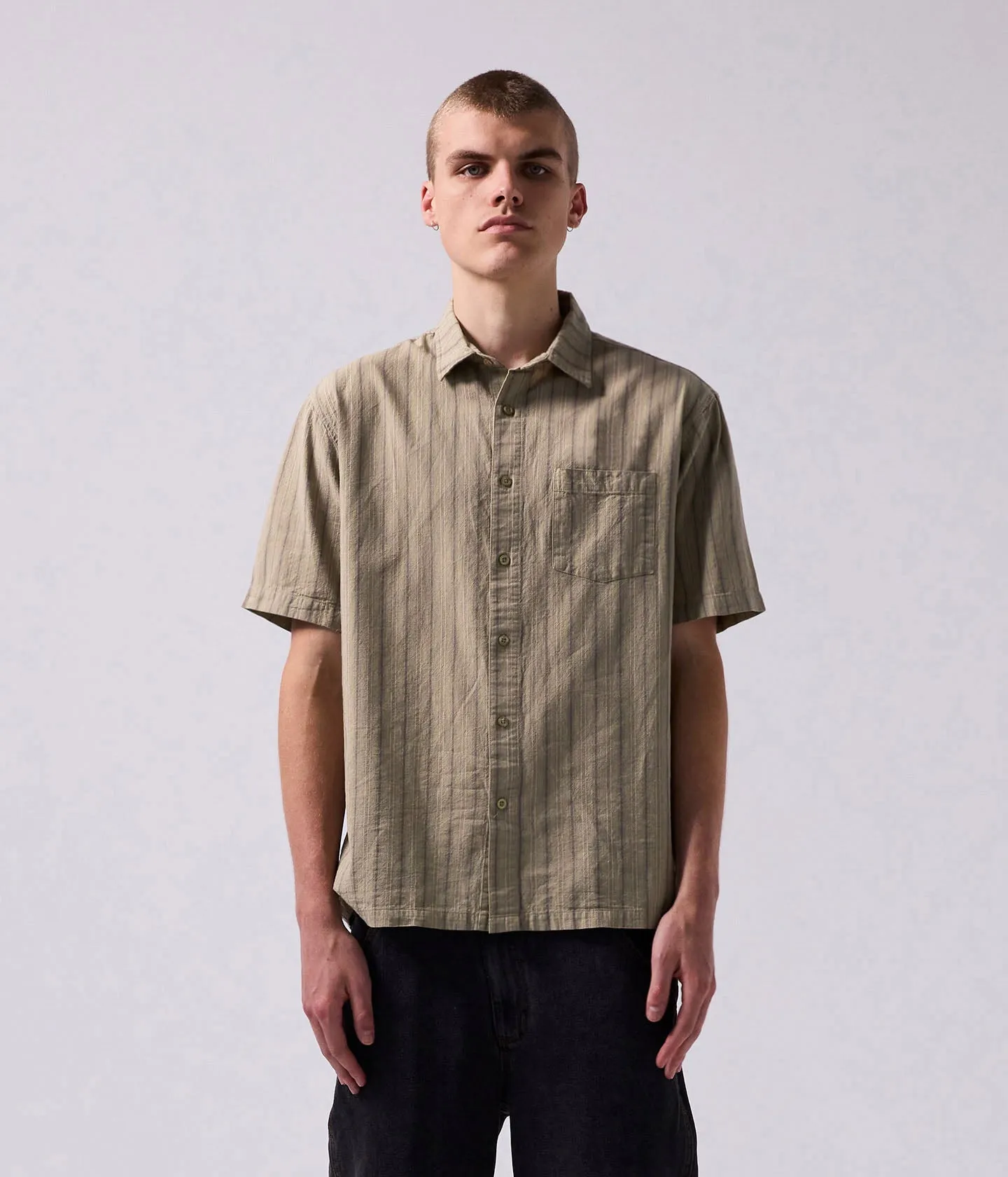 Soft Finish REYNOLDS STRIPED SS SHIRT // MOSS