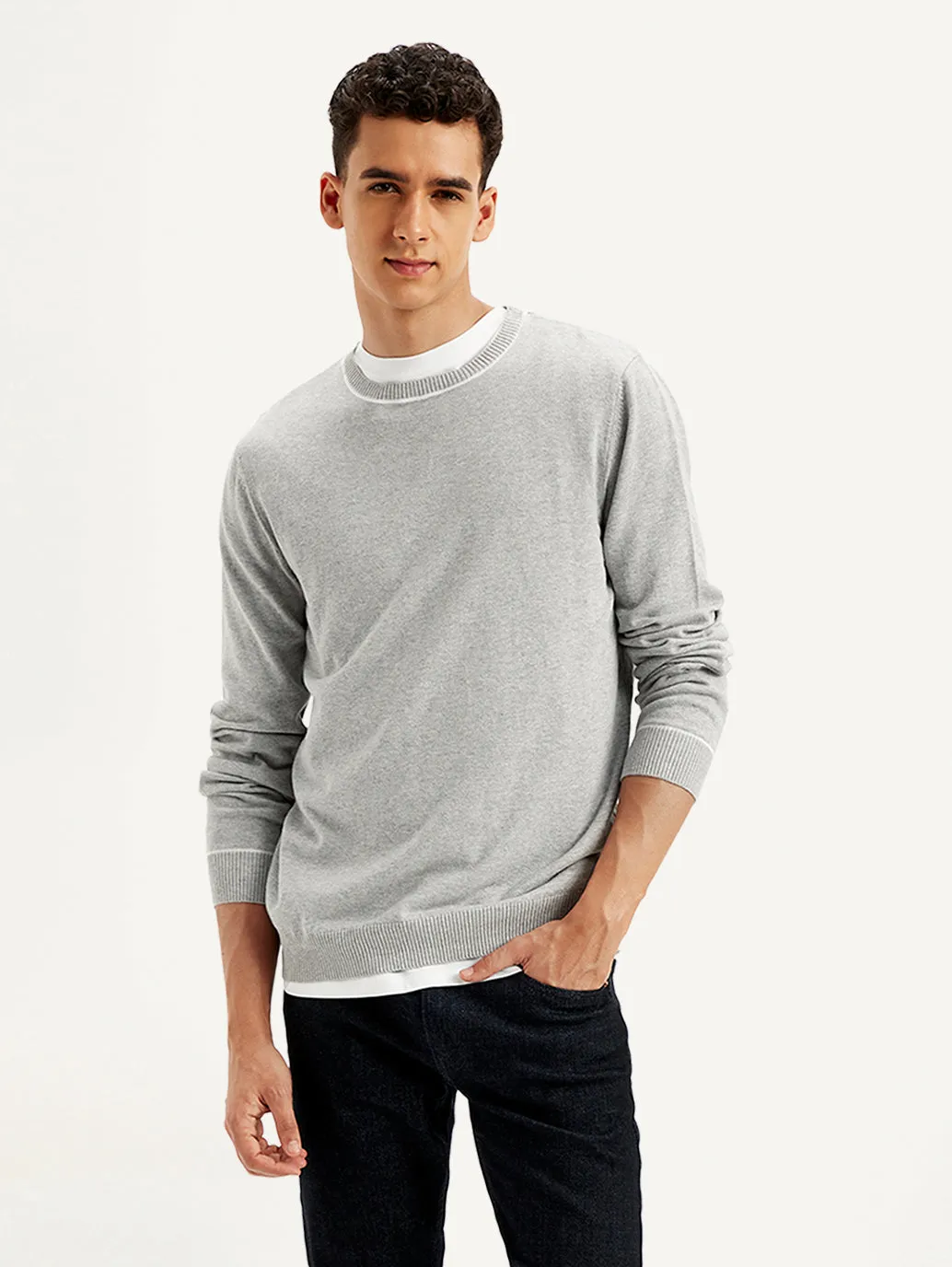 Men's Solid Light-Grey Crew Neck Sweater Bamboo Fiber Composition