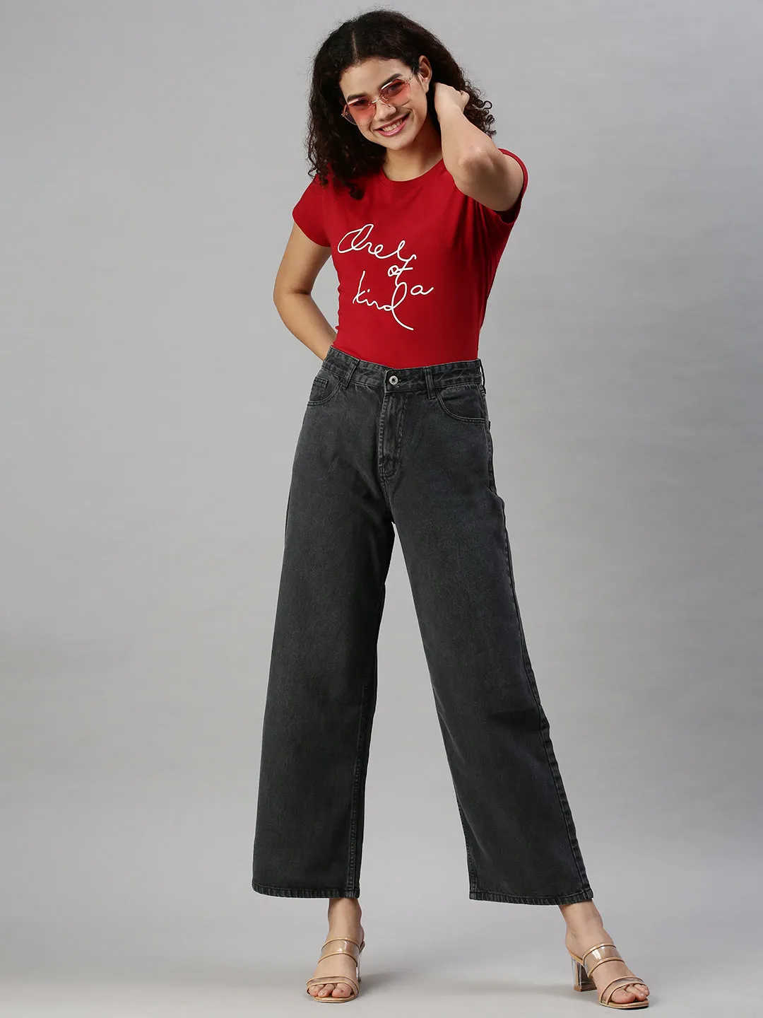 Women's Dark Grey Wide Leg High-Rise Clean Look Jeans Matching Basic