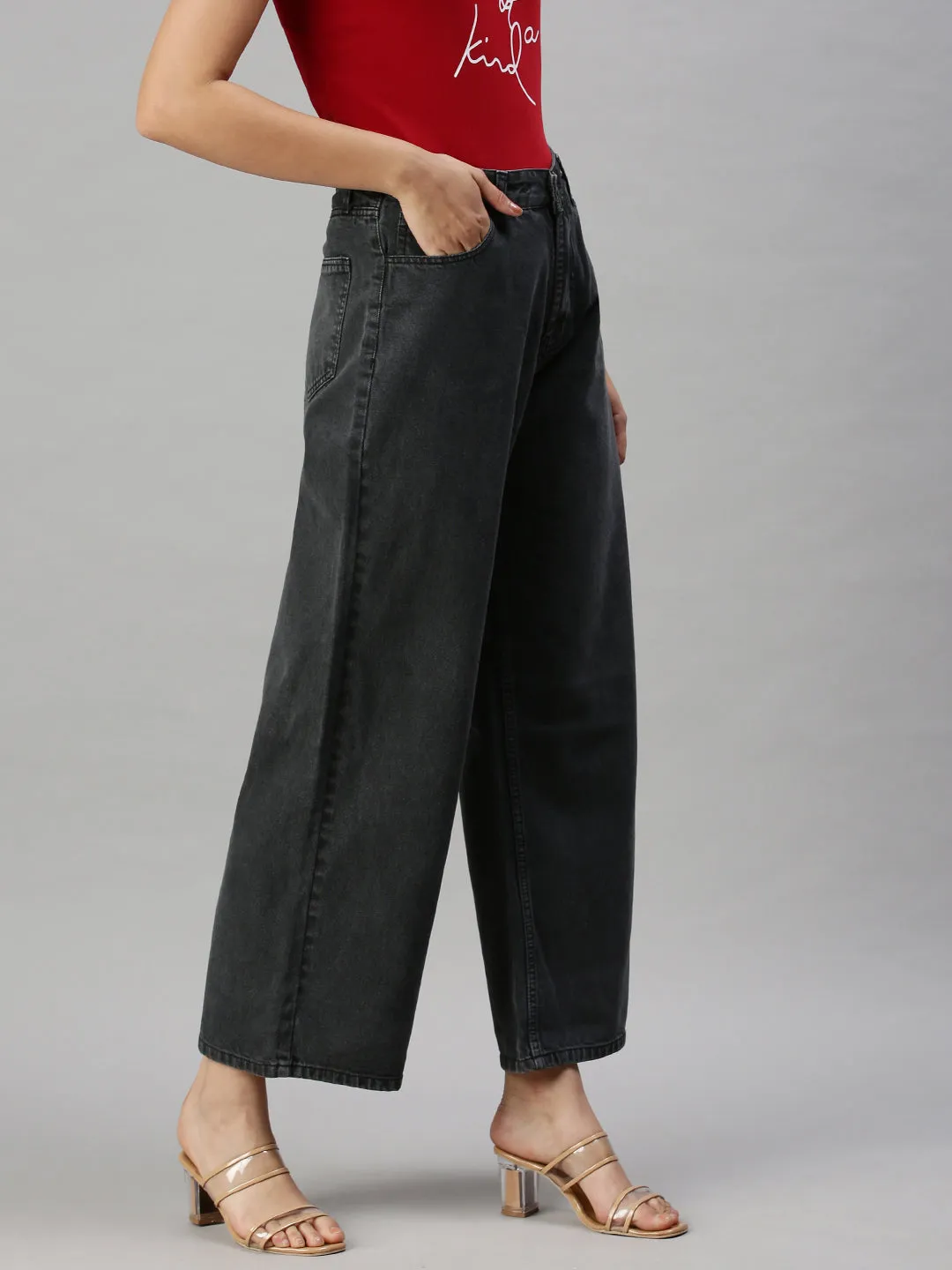 Women's Dark Grey Wide Leg High-Rise Clean Look Jeans Party Look Classic Wear