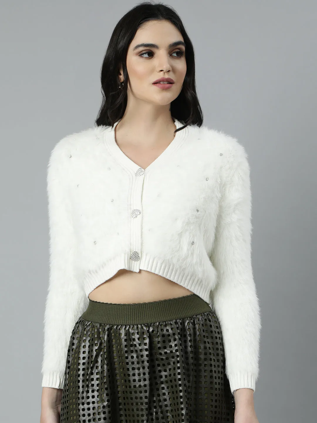 Women's Solid Crop Cream Cardigan Cozy Lining