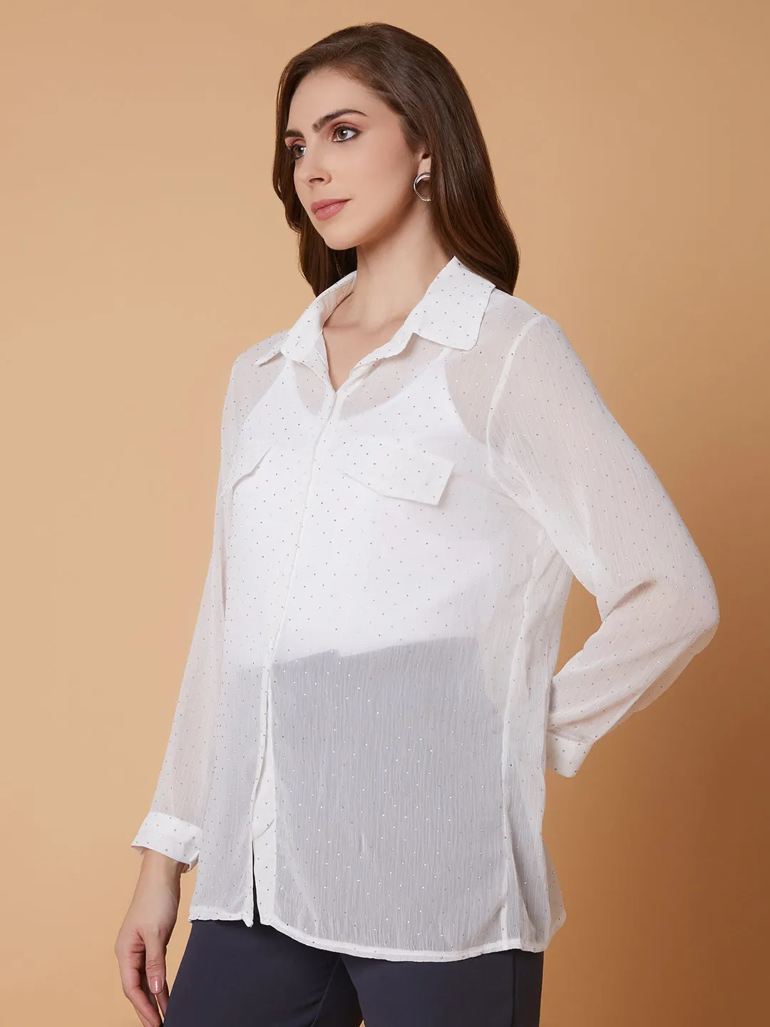 proper length Women's White Relaxed Boxy Sheer Casual Shirt