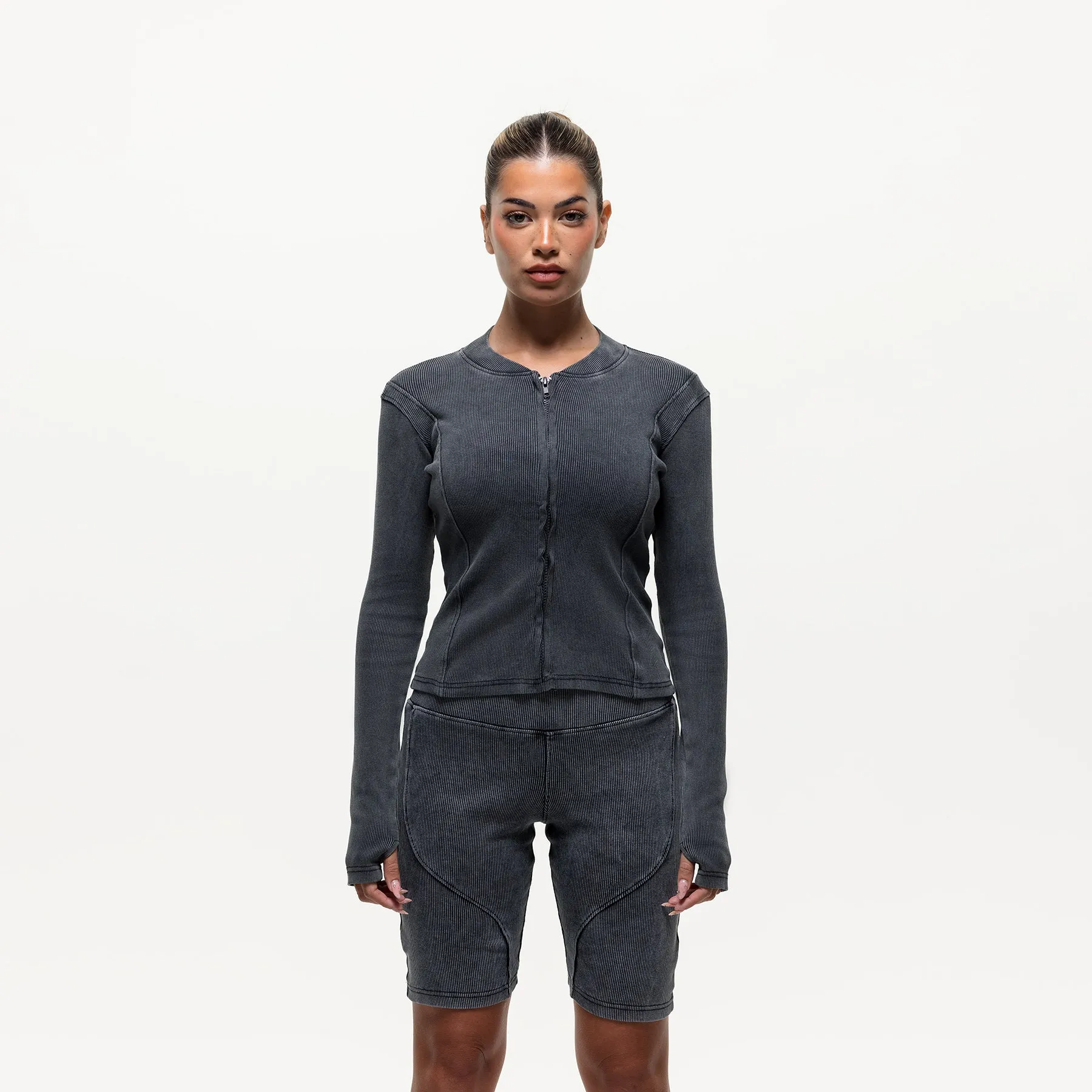 Contour Acid Wash Ribbed Zip Top Casual Comfort Top Functional Side Gussets