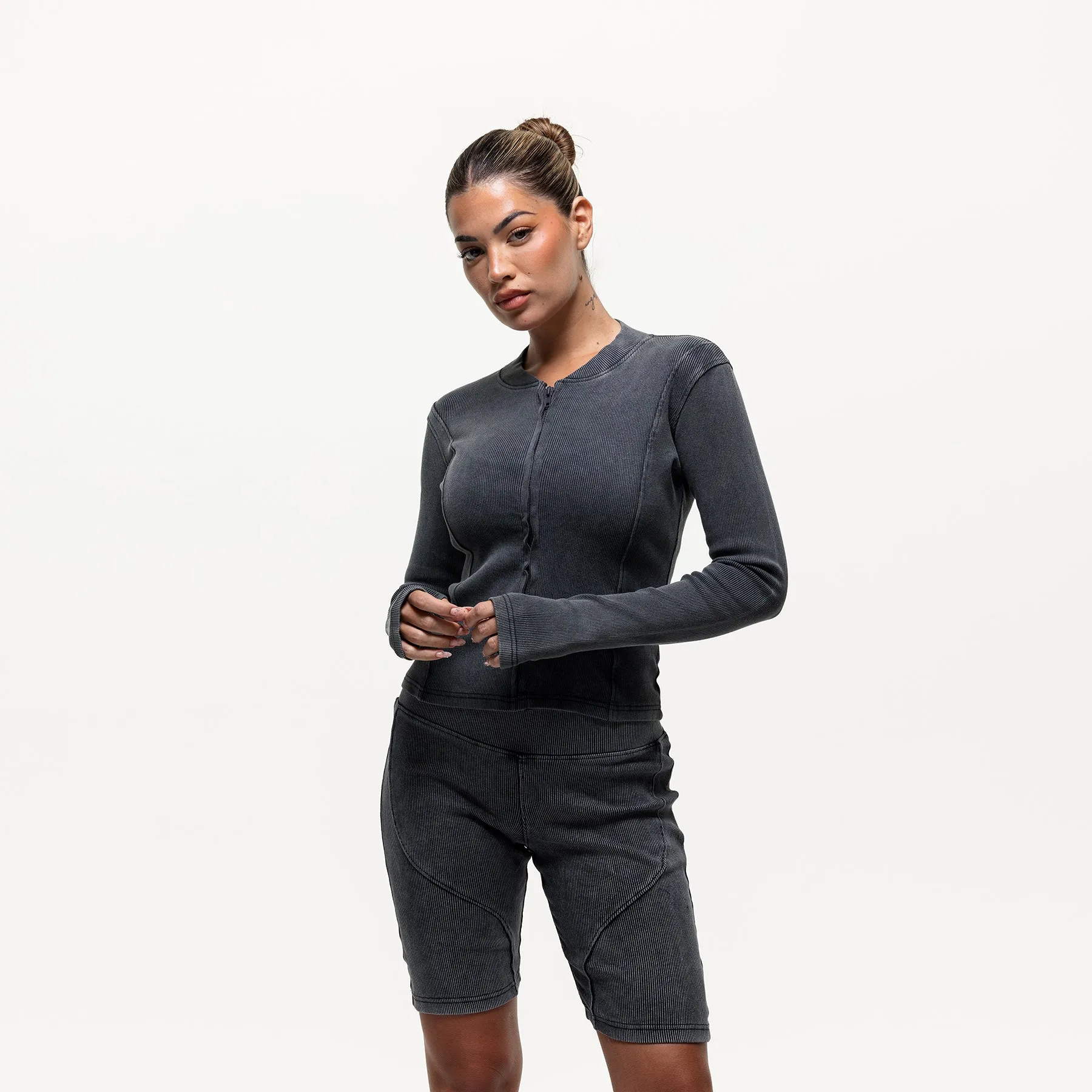 Athletic Fit Layering Fashion Contour Acid Wash Ribbed Zip Top