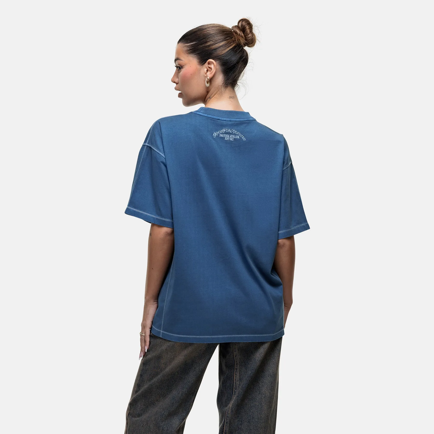 Sporty Look Wear Casual Wearable Overlock Washed Blue T-shirt
