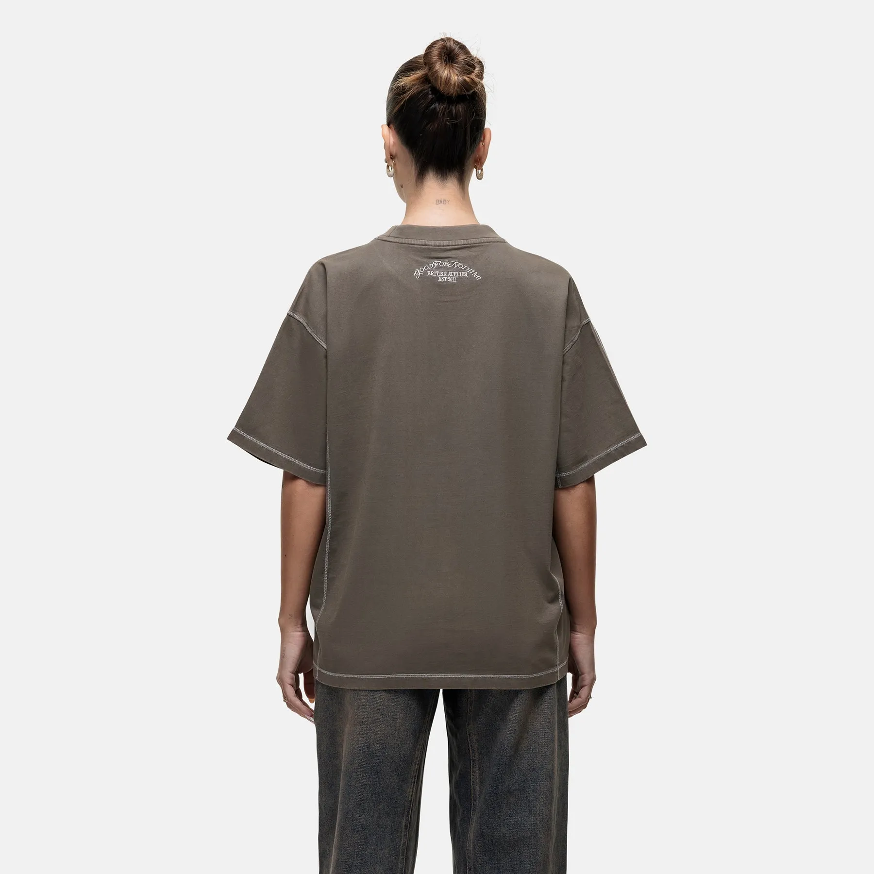 Sporty Style Cozy Wear Design Overlock Washed Taupe T-shirt
