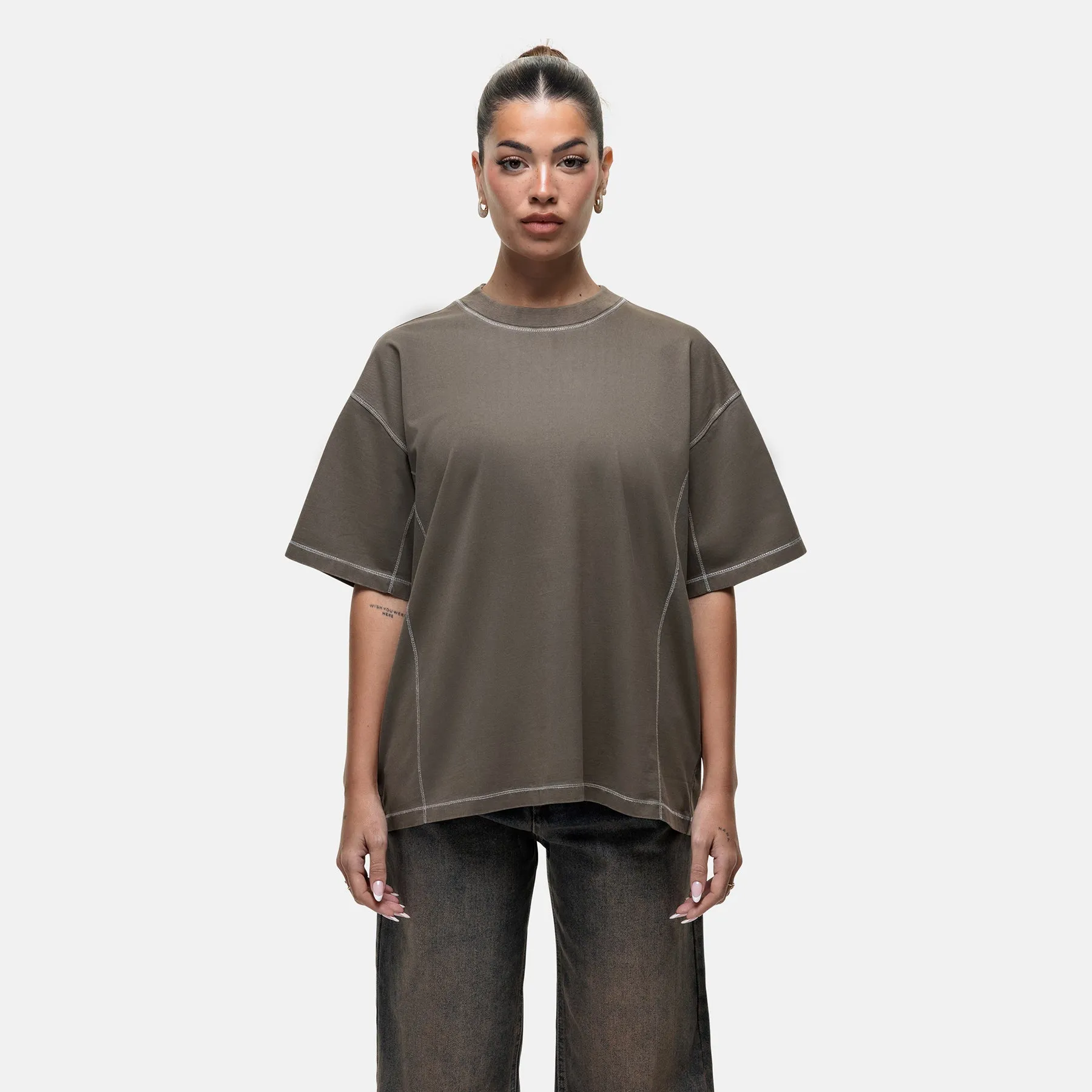 Overlock Washed Taupe T-shirt Minimal Design Fresh Trend
