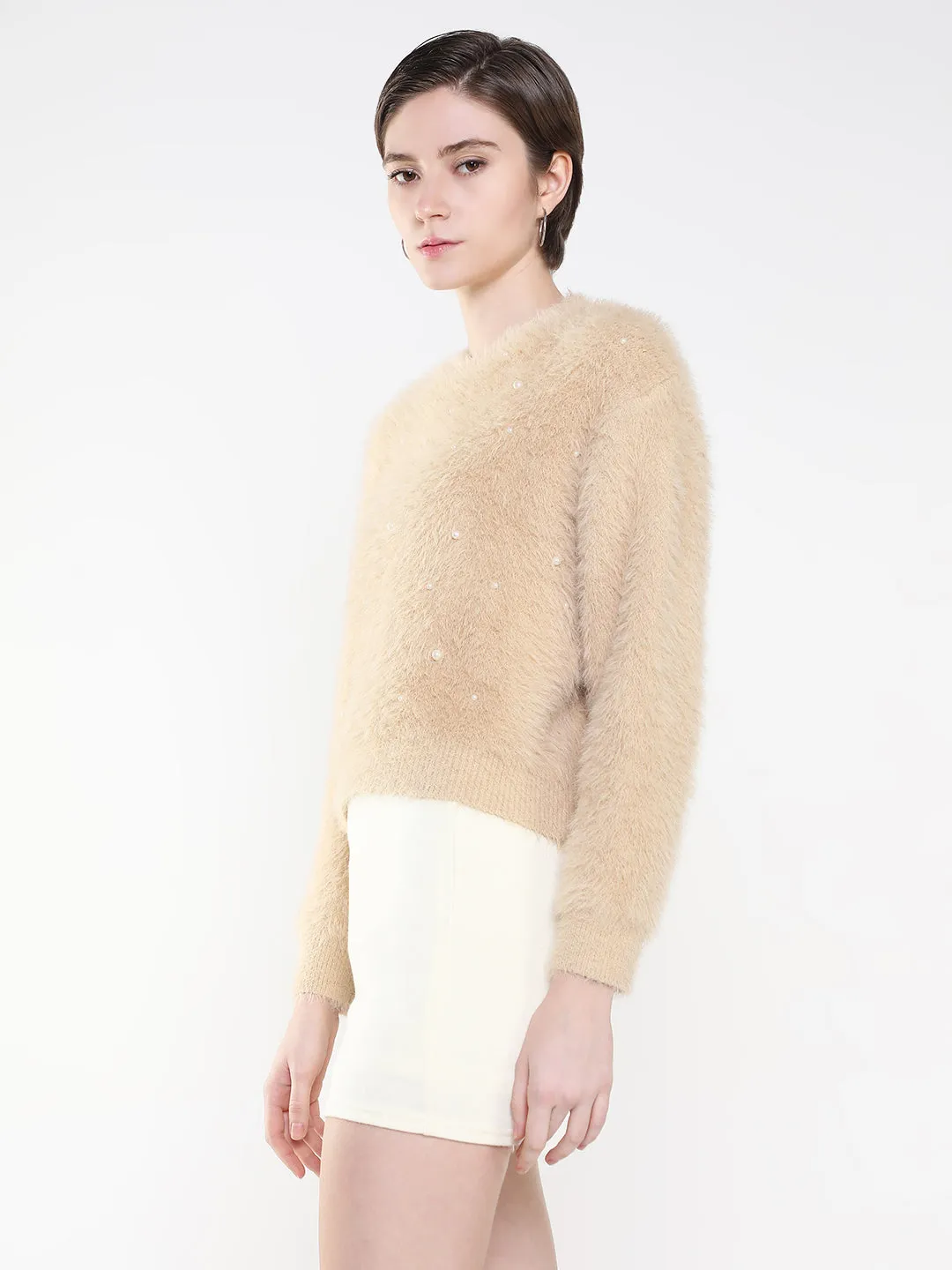 Women's Solid Beige Cardigan Elastic hem Microfiber Blend