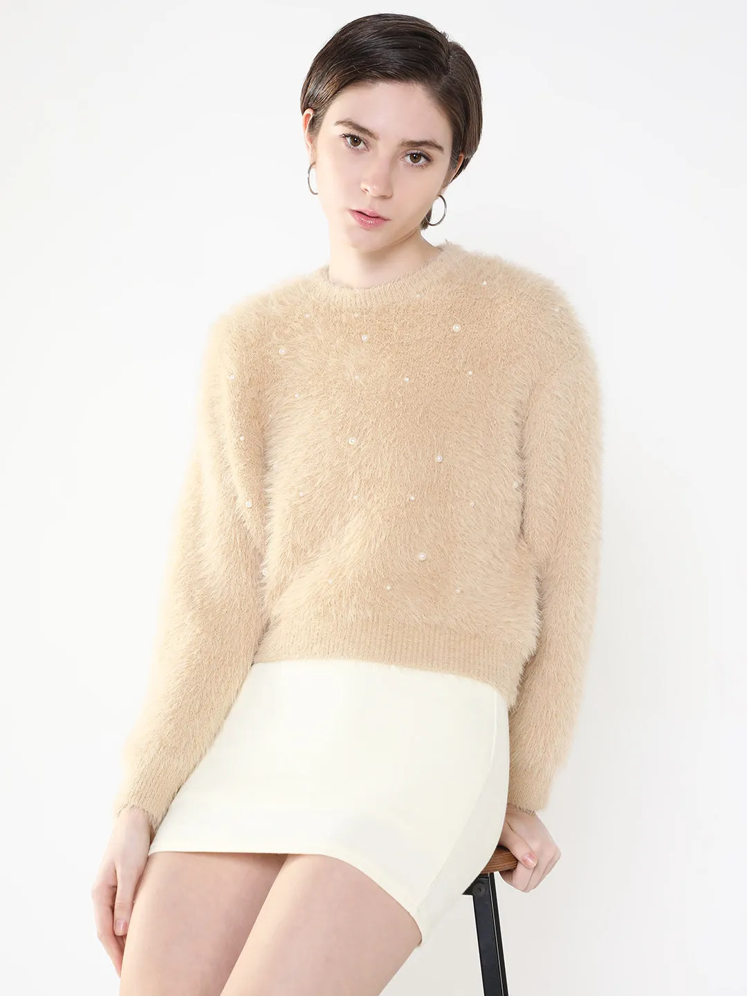 Simple Aesthetic Women's Solid Beige Cardigan