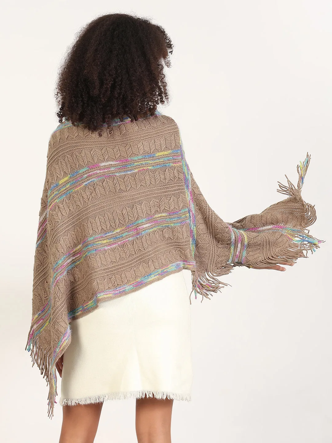 Women's Striped Brown Fringed Edge Poncho ShapeRetention Fabric Compression Fit Technology