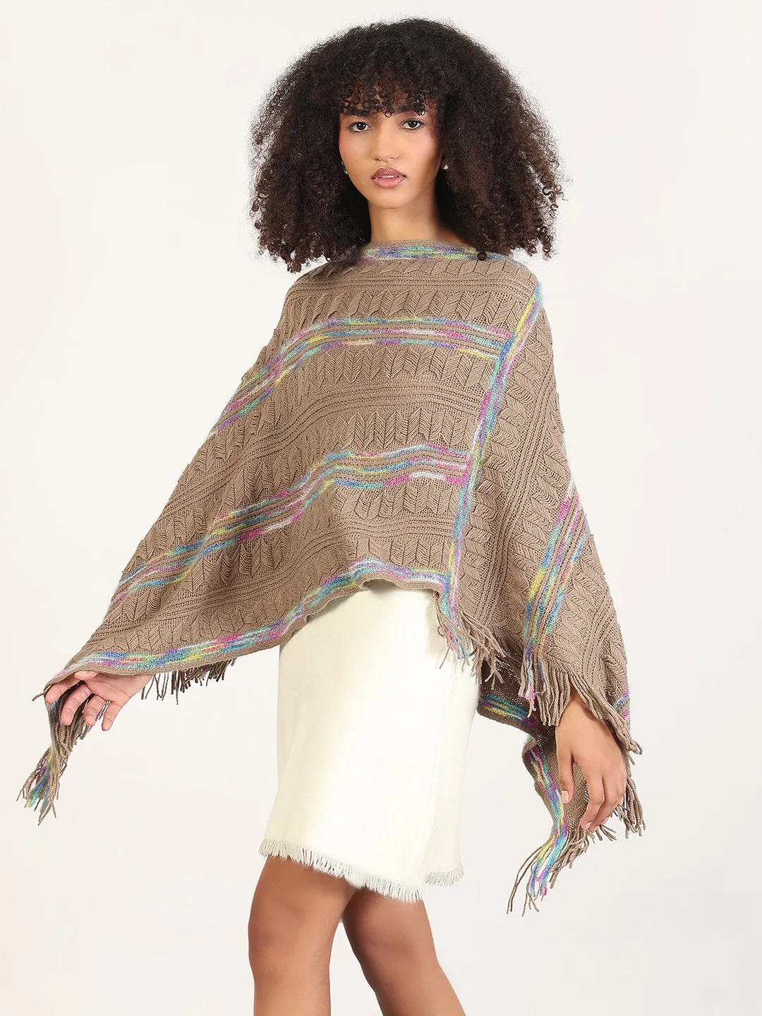 Women's Striped Brown Fringed Edge Poncho Modern Silhouette Non Chafing Fabric