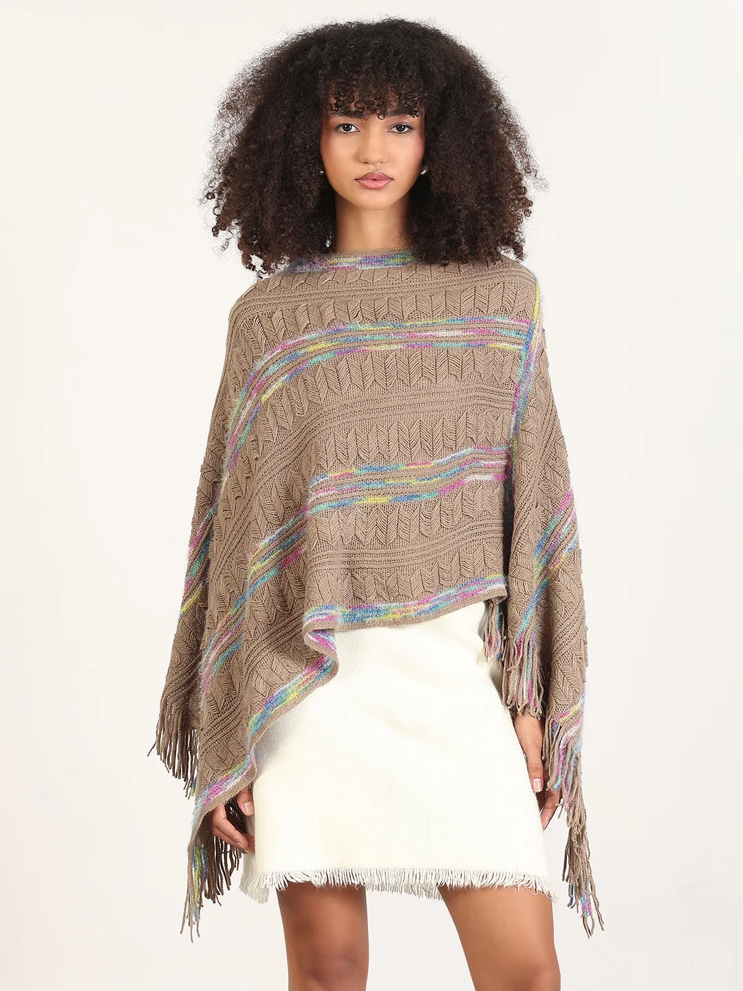 Women's Striped Brown Fringed Edge Poncho MoistureWicking Textured Weave Quick Layer