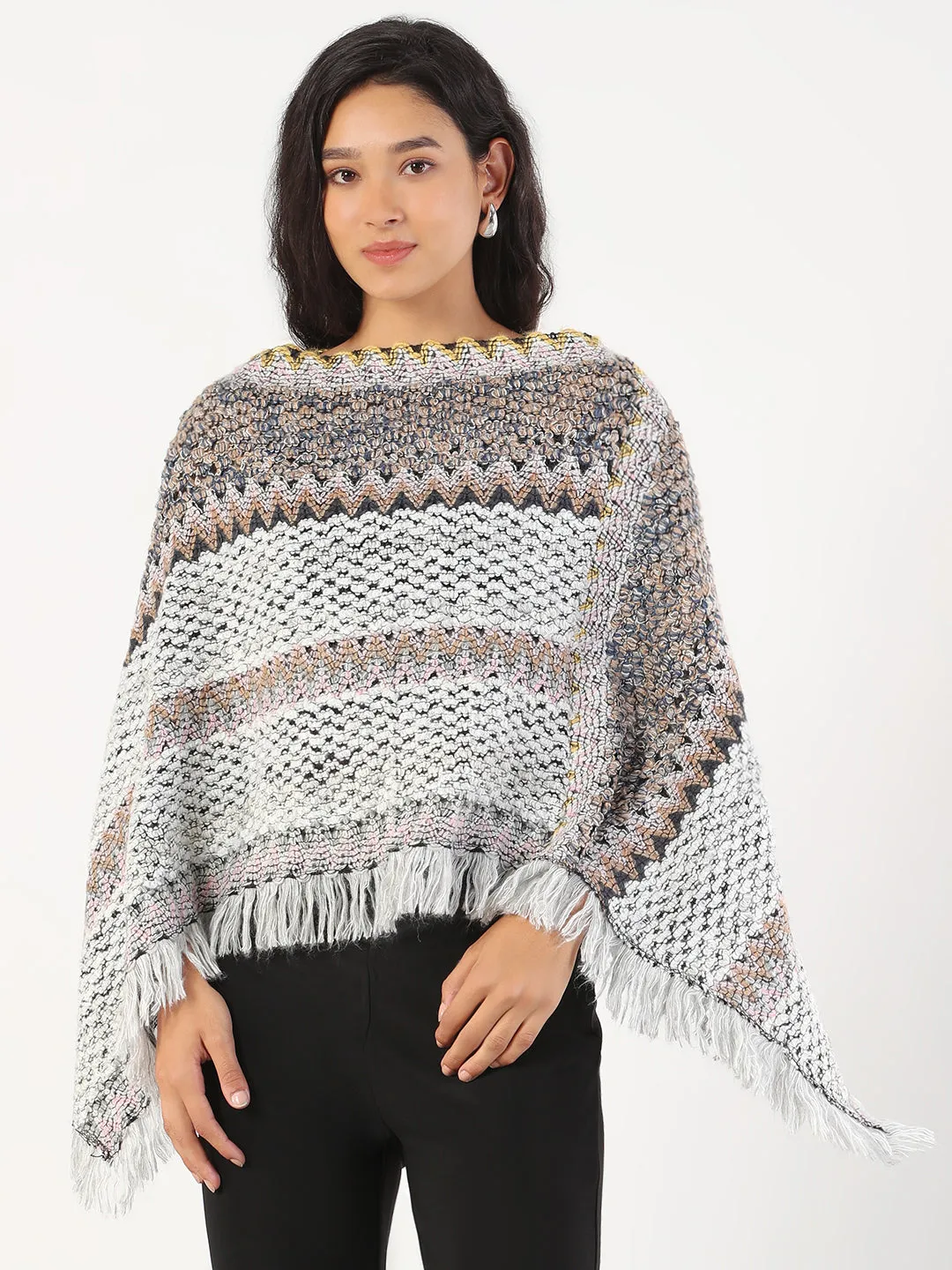 NonRestrictive Cut FourWay Stretch Fabric Women's Round Neck Striped Grey Poncho
