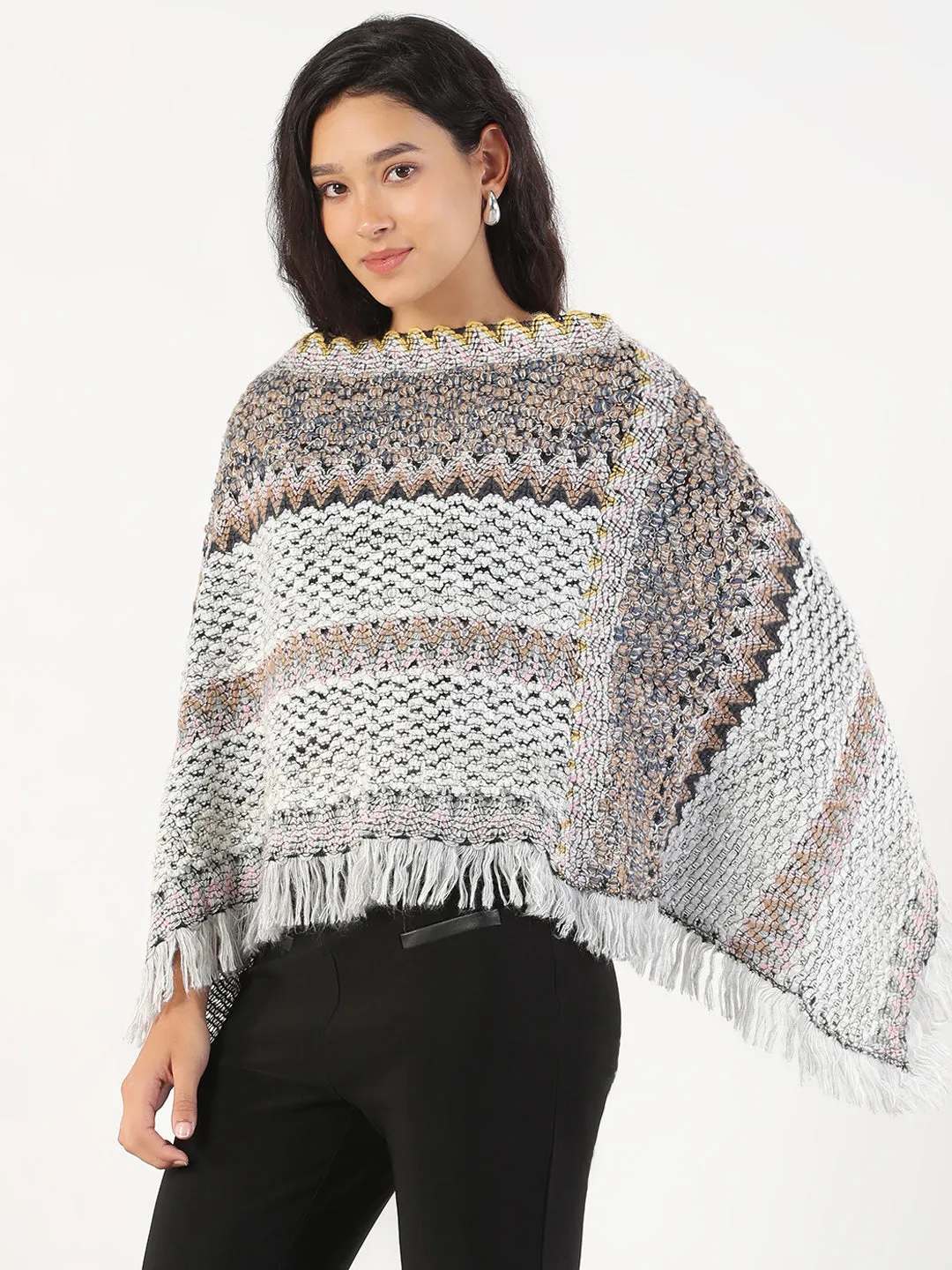 Smart Pick Women's Round Neck Striped Grey Poncho