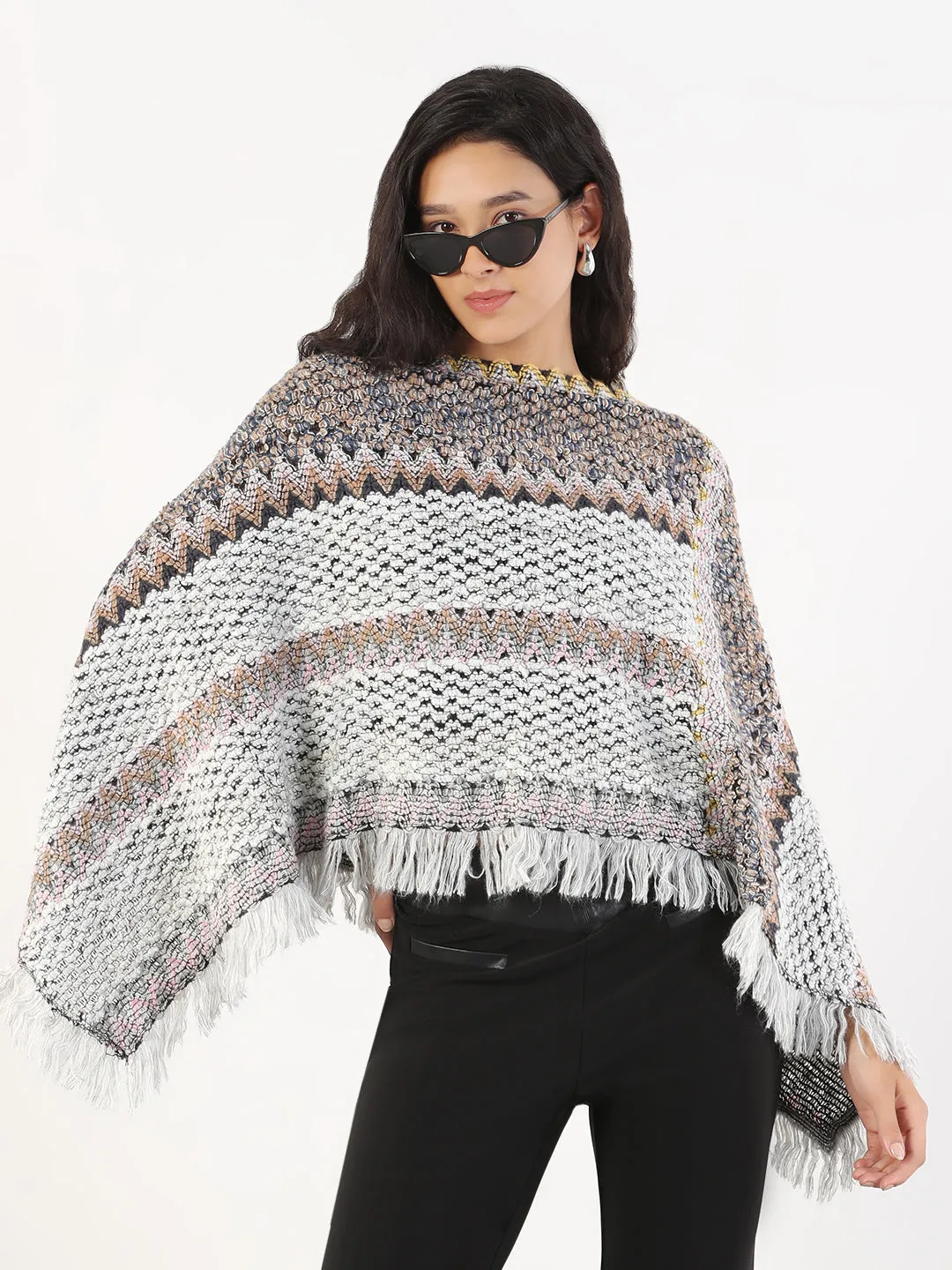 City Casual Women's Round Neck Striped Grey Poncho