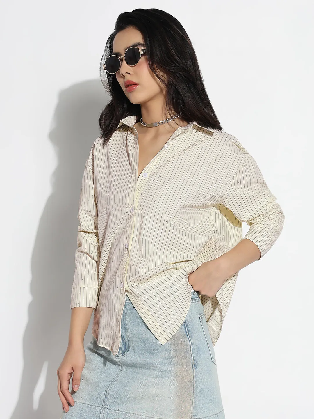 Women's Oversized Cream Striped Shirt Slim Fit Design Comfortable All Day Wear