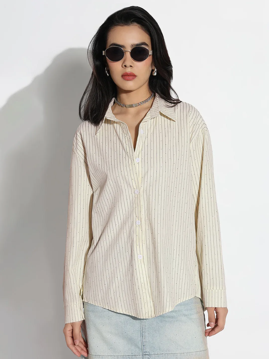 theater visit Durable Colorfast Finish Women's Oversized Cream Striped Shirt
