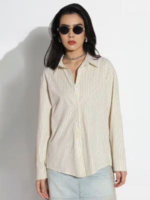 theater visit Durable Colorfast Finish Women's Oversized Cream Striped Shirt
