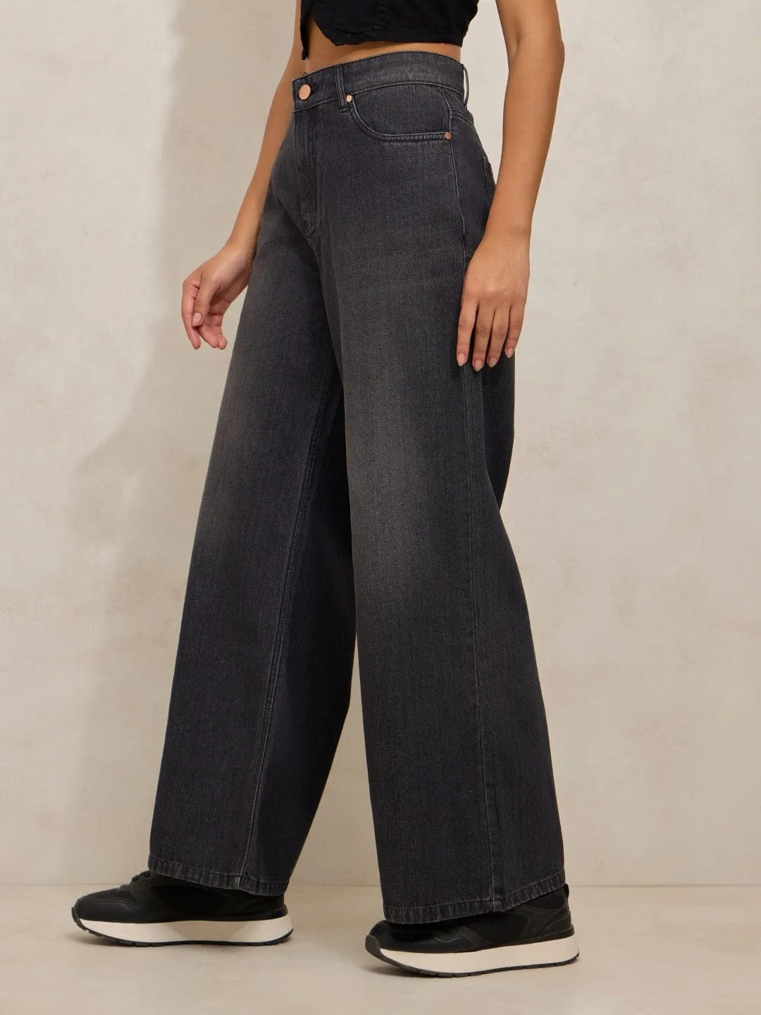 Casual Edge Streetwear Fan Beach Day Women's Grey Denim High Rise Shaded Wide Leg Jeans