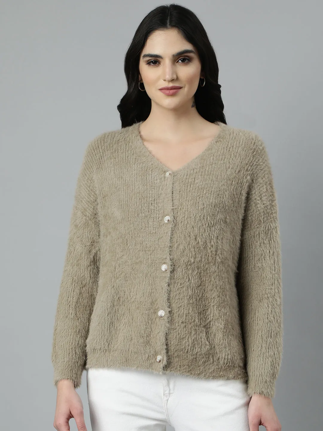 Neutral Tone Colorfast Guide Women's Solid Beige Casual Cardigan