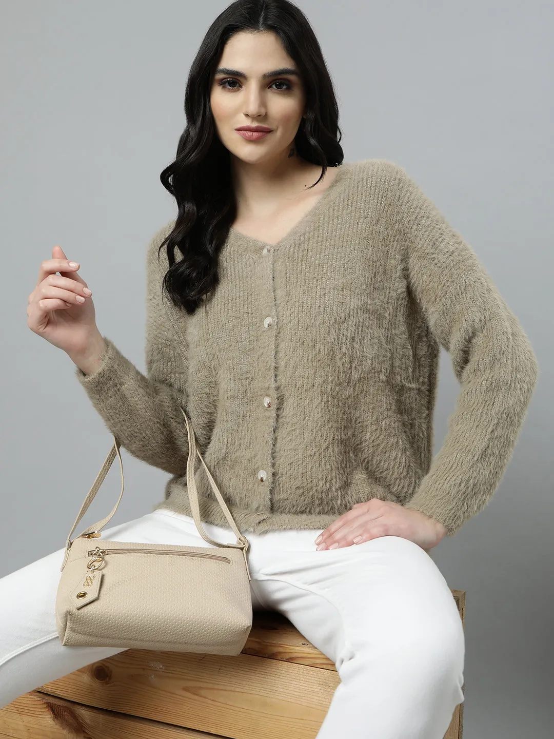 Shrink Resistant Treatment Women's Solid Beige Casual Cardigan