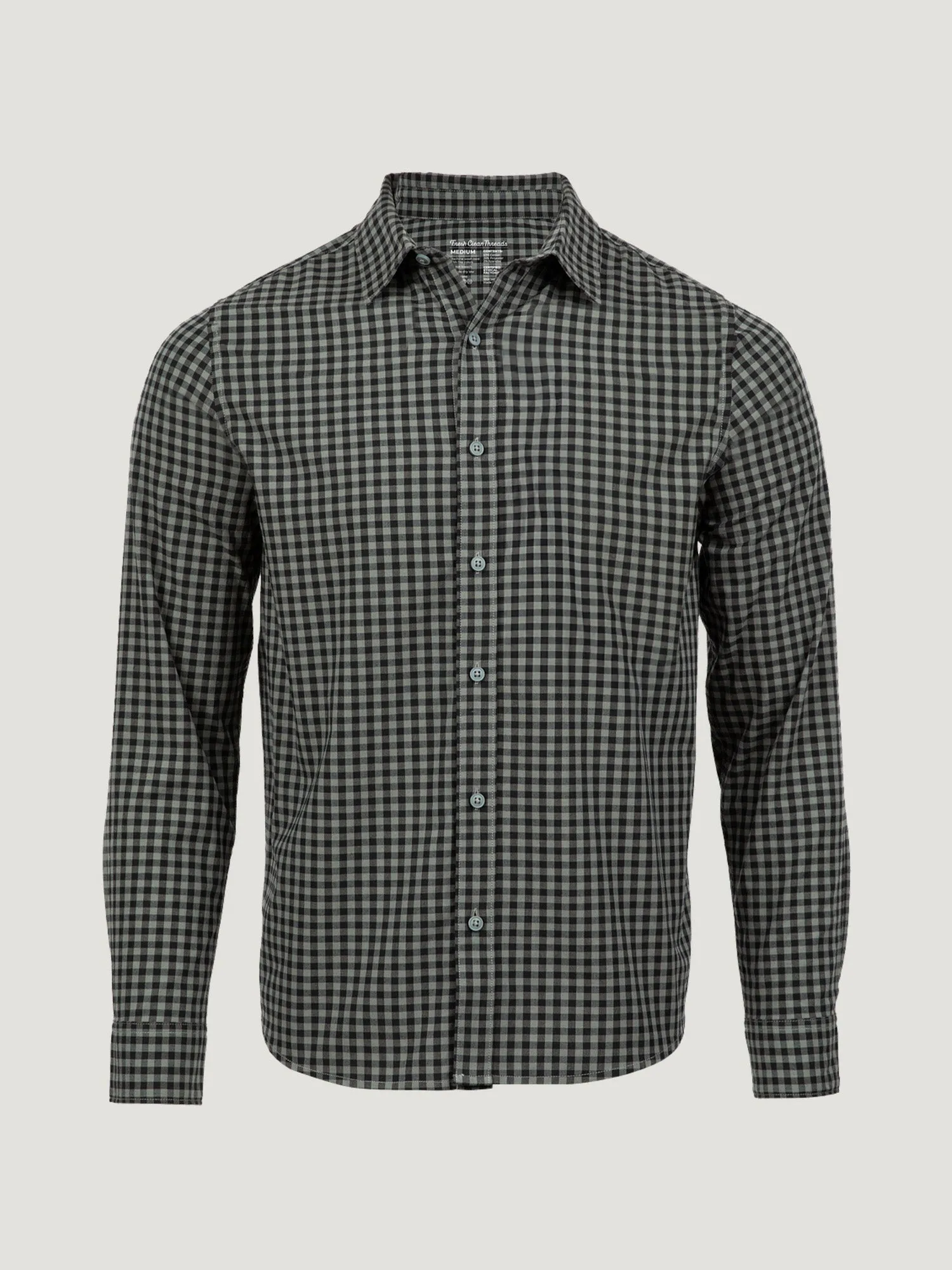 Chic Design Recycled Polyester Thread Black   Mercury Green Gingham Long Sleeve Button Up