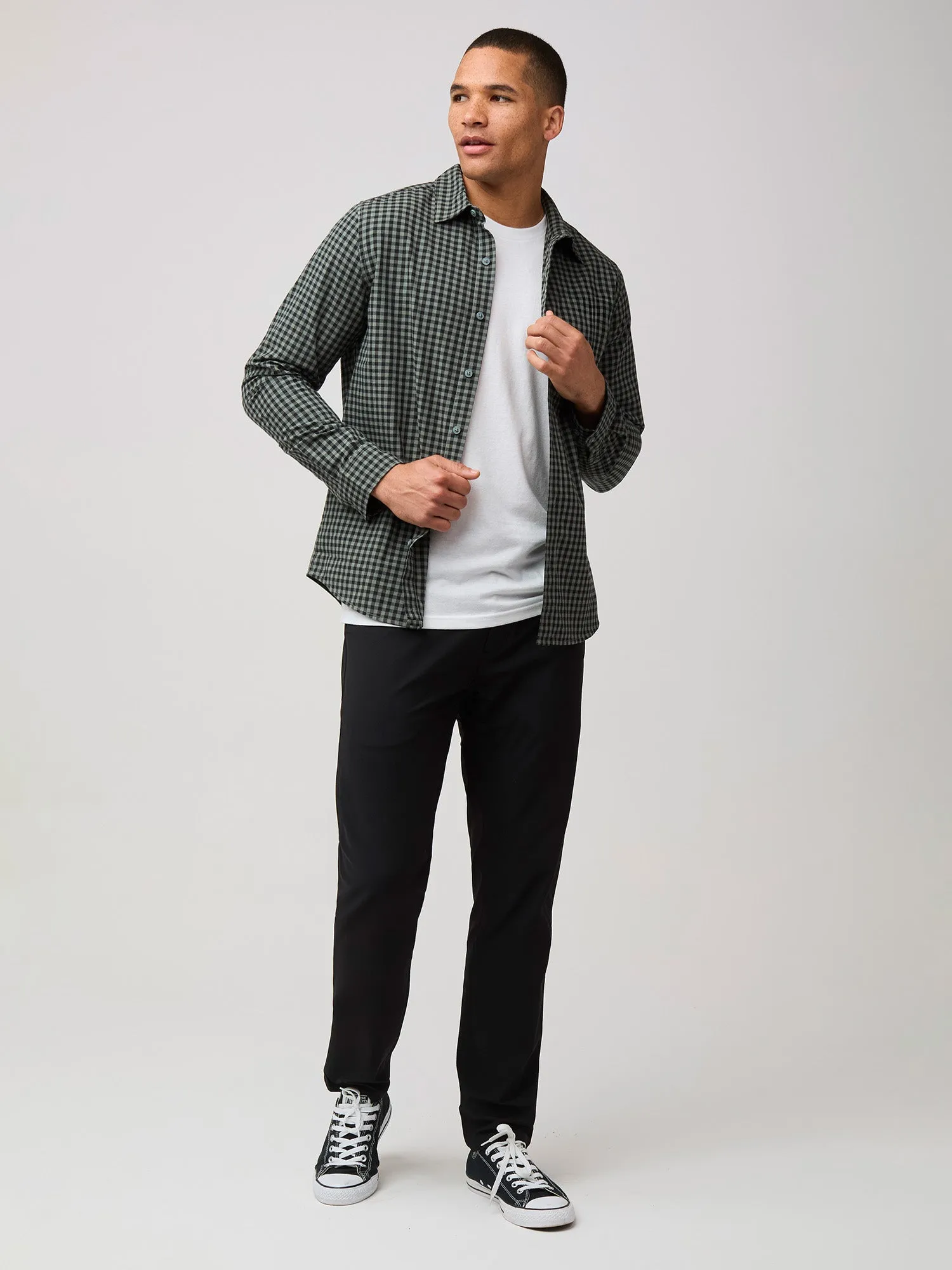 Black   Mercury Green Gingham Long Sleeve Button Up Modern Smart hypoallergenic material