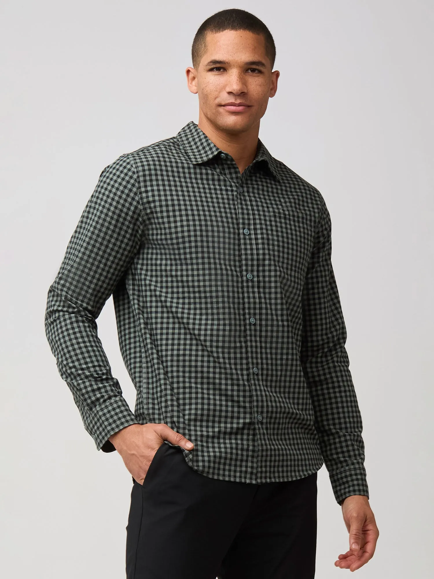 Sleek Comfort Layering Must-Have Black   Mercury Green Gingham Long Sleeve Button Up