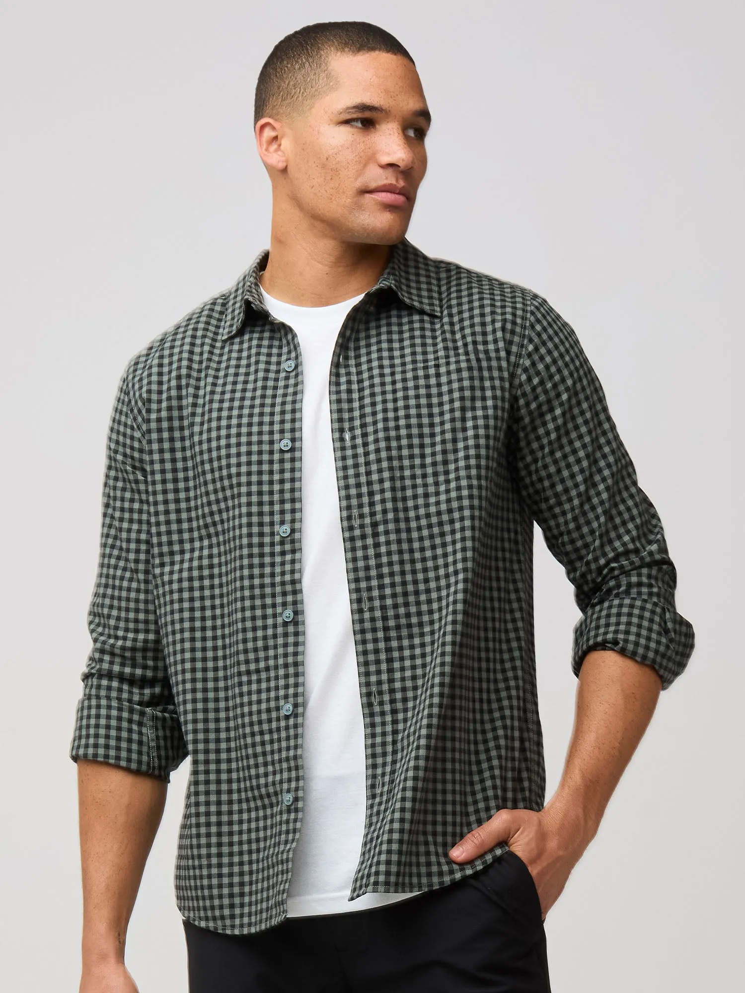 Black   Mercury Green Gingham Long Sleeve Button Up VintageWashEffect