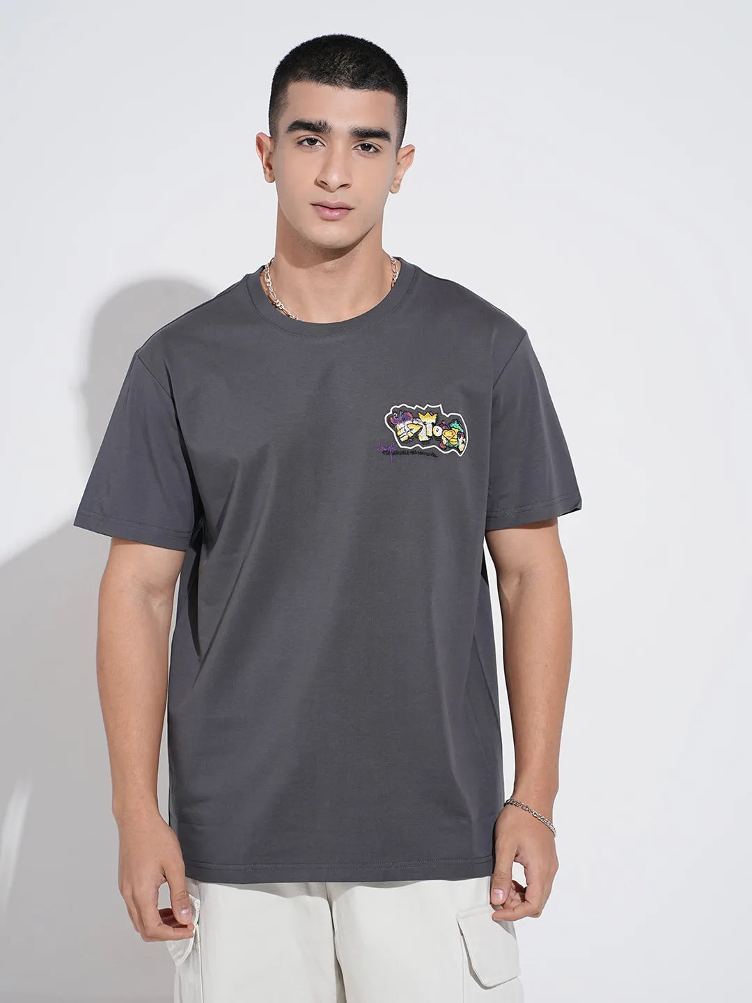 Non Toxic Materials NonIrritating Fabric Men's Graphic Print Grey Short Sleeves Round Neck Relaxed Fit T-Shirt
