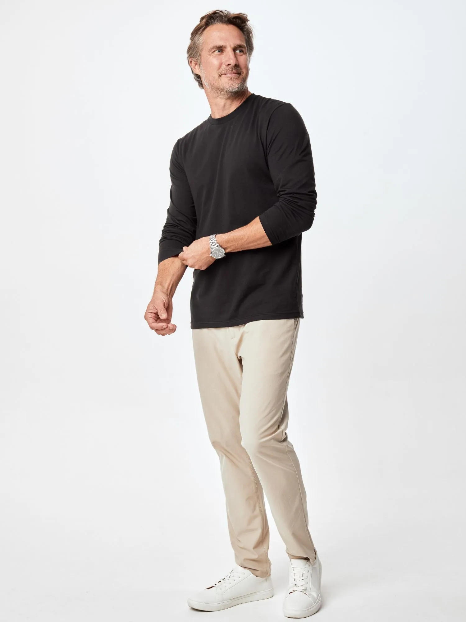 Drip Dry Fabric Black Long Sleeve Crew Neck