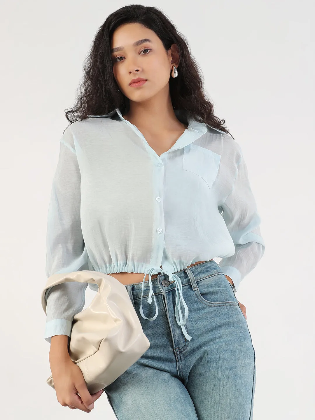 Women's Oversized Blue Solid Shirt with Adjustable Hem Spandex Enhanced Elasticity