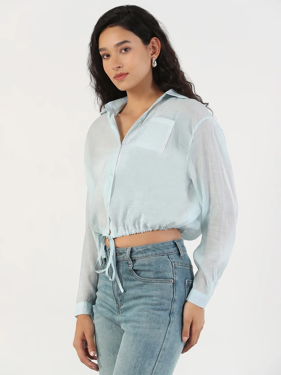 Women's Oversized Blue Solid Shirt with Adjustable Hem Breathable Material Sporty Vibe