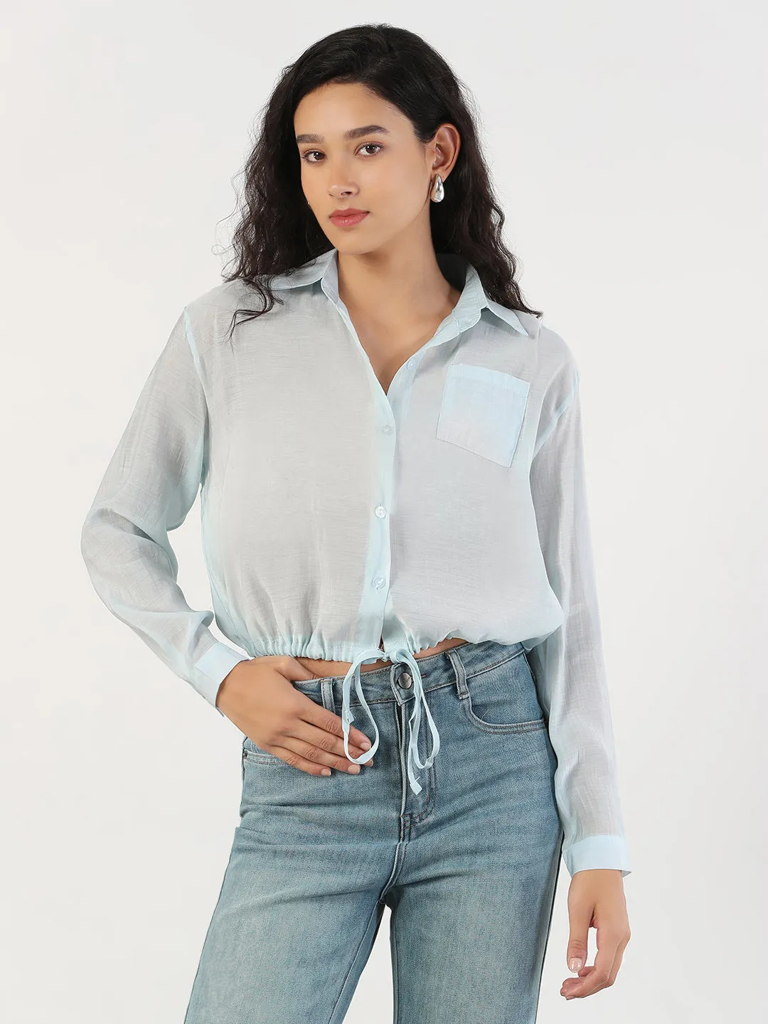 Women's Oversized Blue Solid Shirt with Adjustable Hem Basic Piece Cozy Fit Wear
