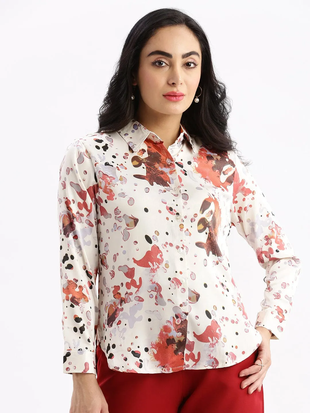 Relaxed and Comfy Soft Layers Women's Cream Standard Slim Fit Floral Opaque Printed Casual Shirt