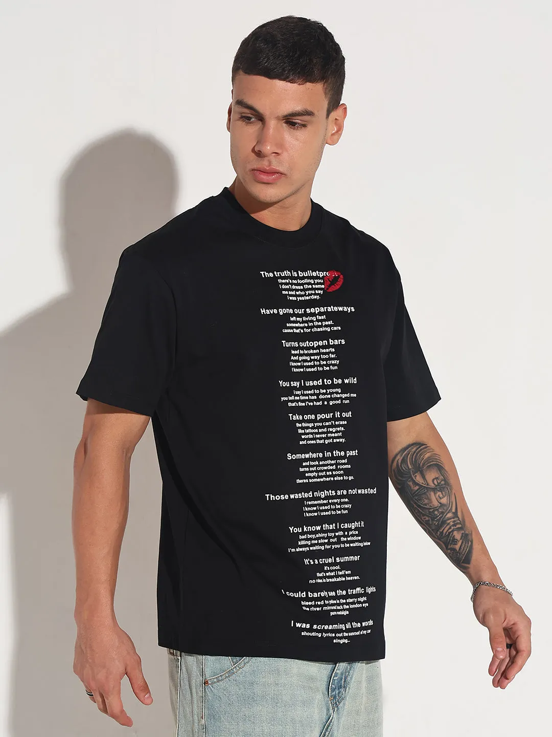 Relaxed Wear Men's Typography Black Graphic Printed  Round Neck T-Shirt