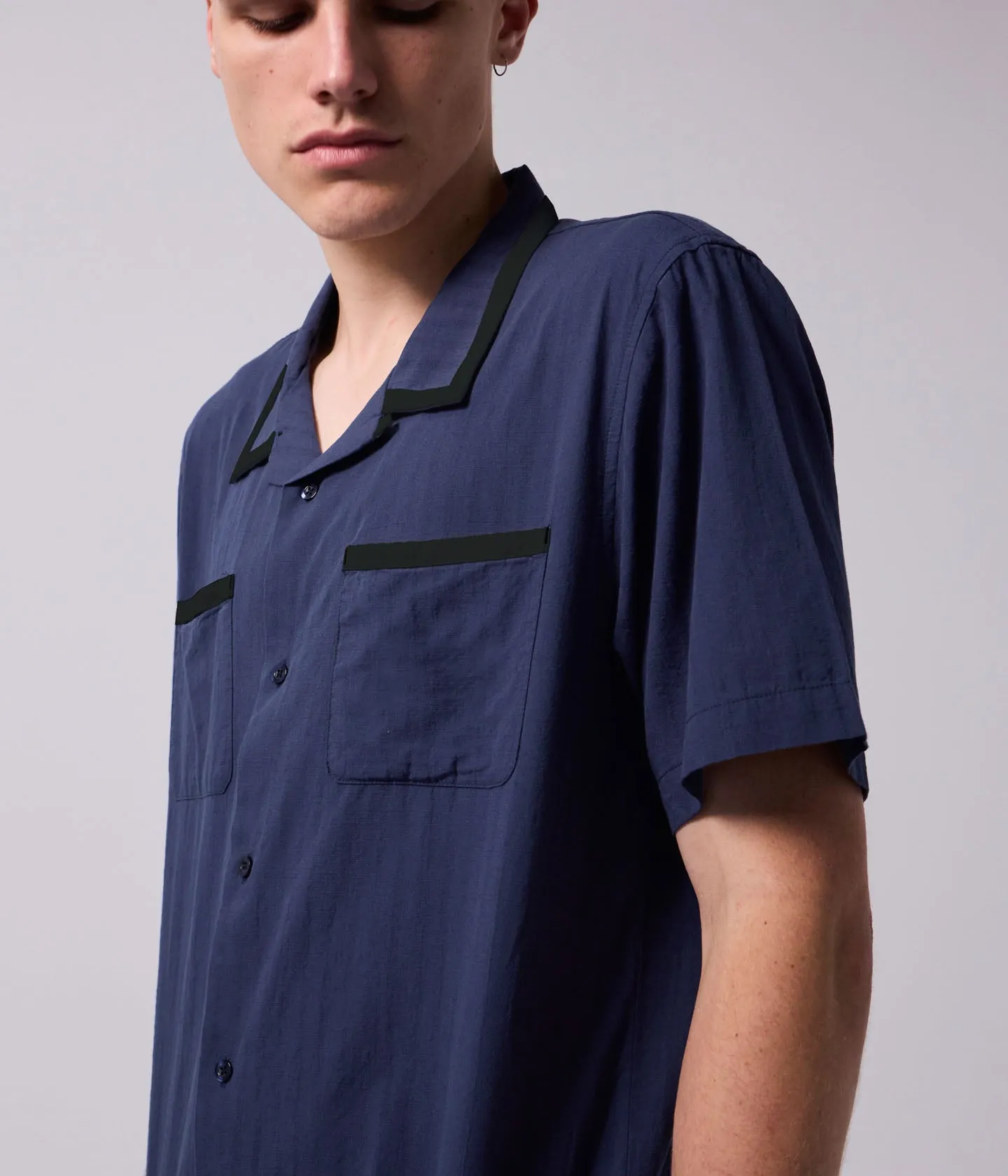 PINSTRIPE MARILYN SS SHIRT  // NAVY Heat Transfer Printing Adult Wear