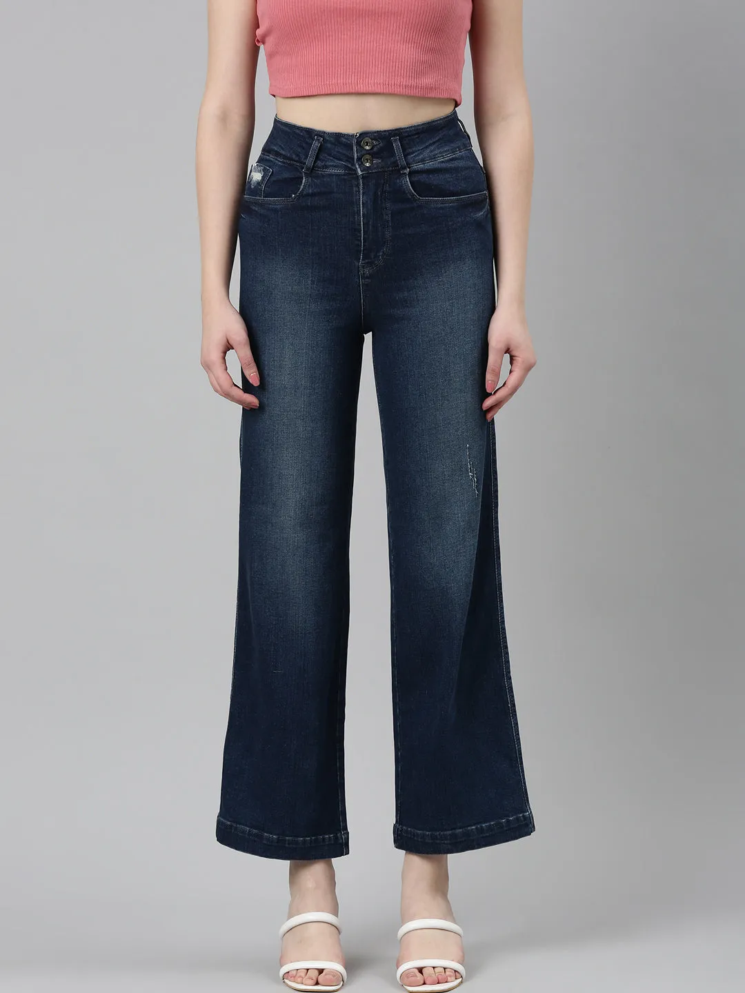 Timeless Piece Women's Navy Blue Acid Wash Wide Leg Mid-Rise Denim Jeans