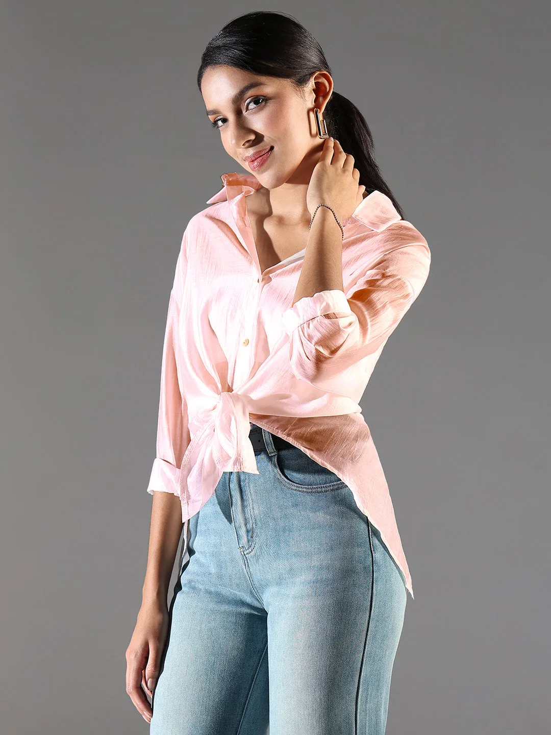 Women's Peach Solid Oversized Shirt Wrinkle Free Fabric Sport Flex