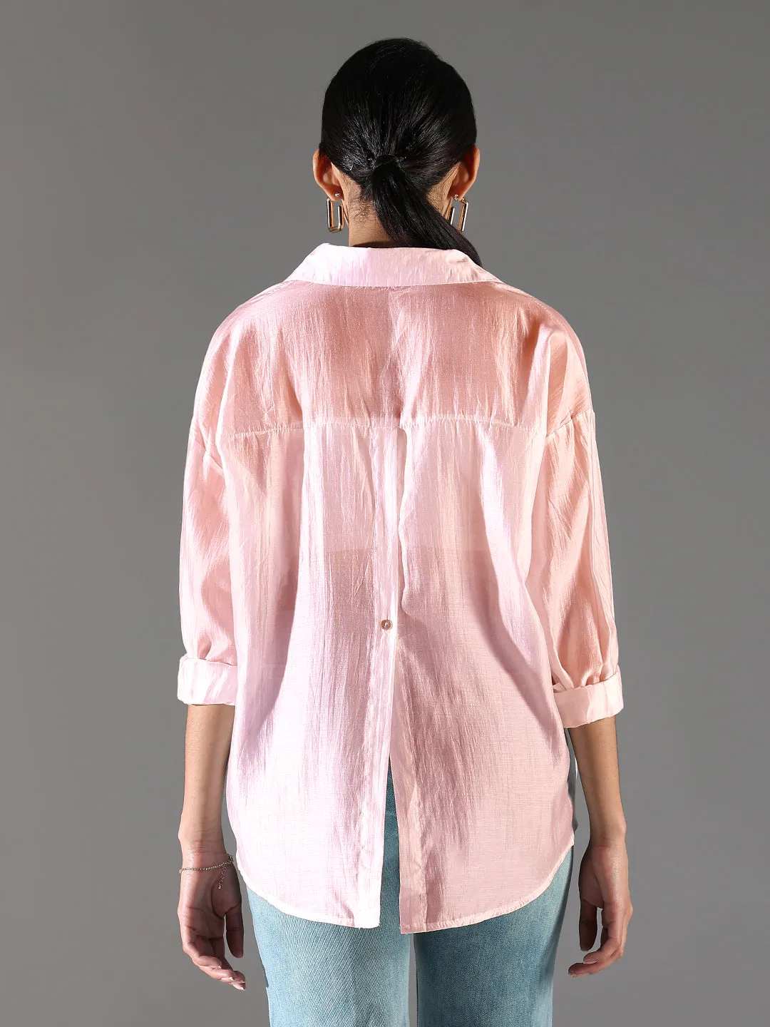 Women's Peach Solid Oversized Shirt Breathable mesh
