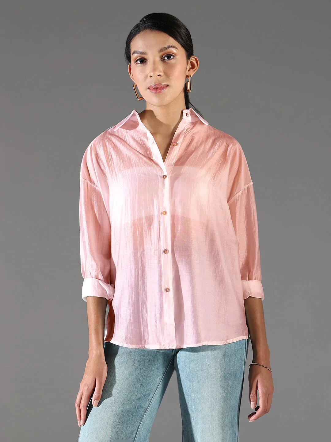 Complementary Colors Stylish Women's Peach Solid Oversized Shirt