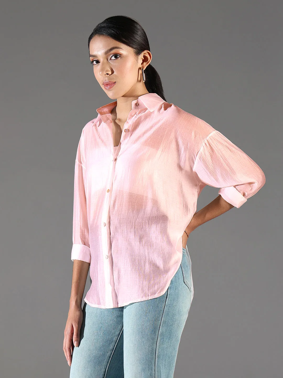 Vintage Wash Women's Peach Solid Oversized Shirt