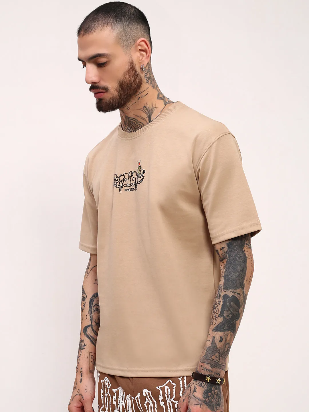 Men's Beige Graphic Printed Regular Fit T-Shirt Minimal Comfort Indoor clothing
